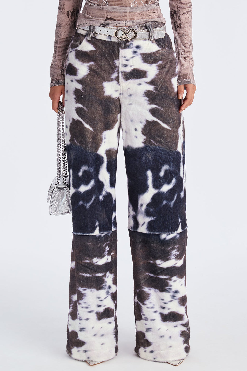 Early Dawn Faux Fur Cow Print Wide Leg Pant 33 - Black/White 