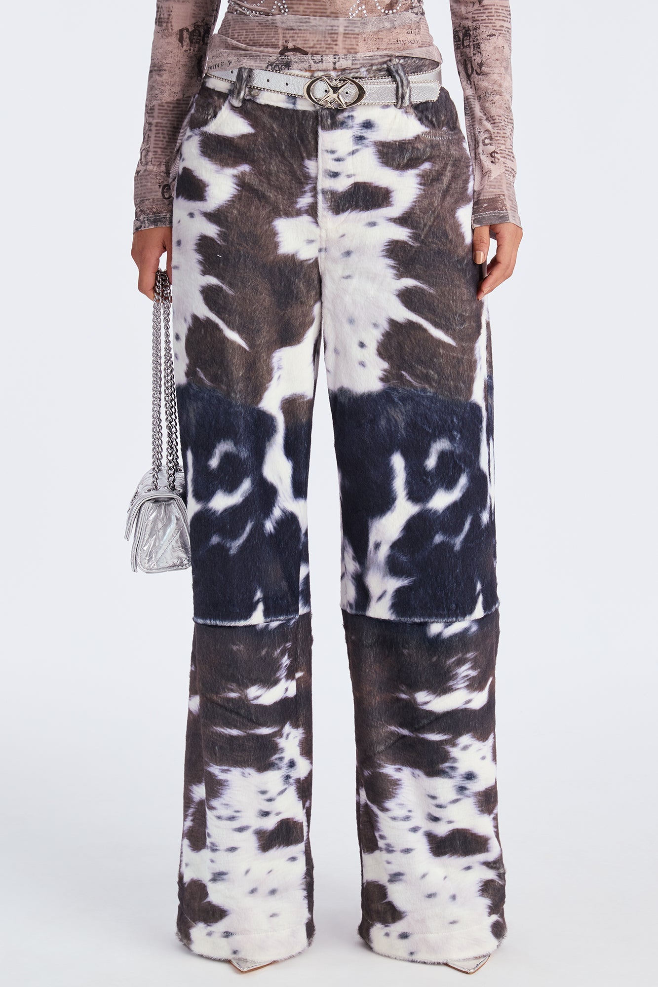Early Dawn Faux Fur Cow Print Wide Leg Pant 33 - Black/White 