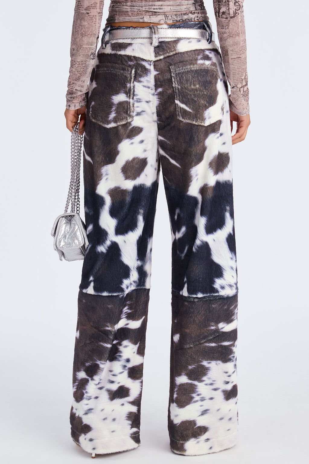 Early Dawn Faux Fur Cow Print Wide Leg Pant 33 - Black/White 
