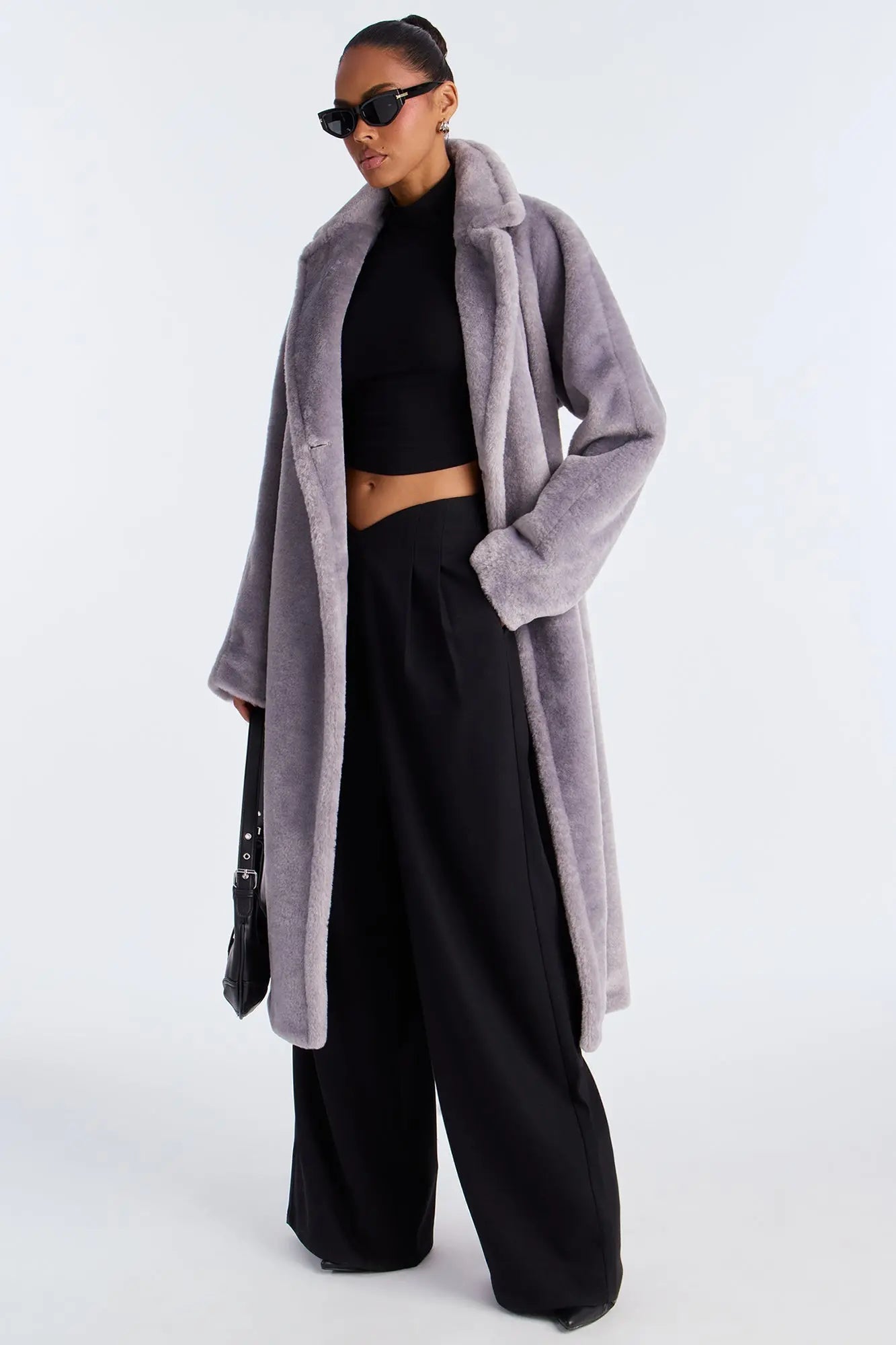 Natasha Belted Faux Fur Long Coat - Grey 