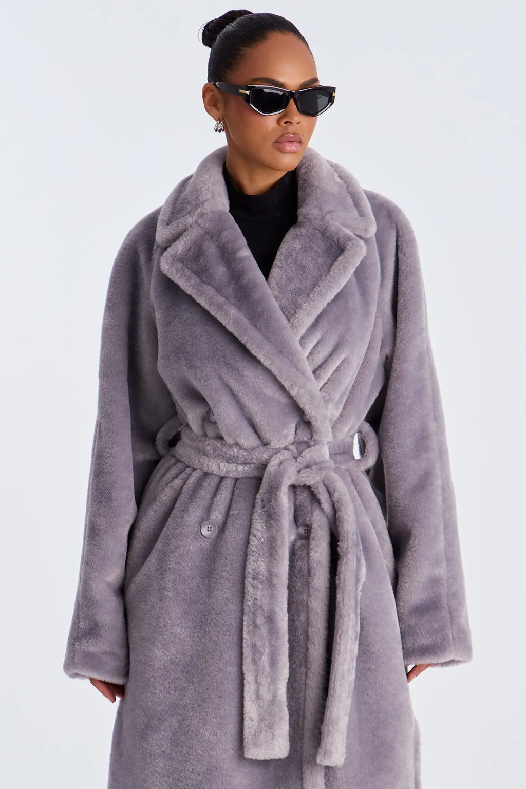 Natasha Belted Faux Fur Long Coat - Grey 