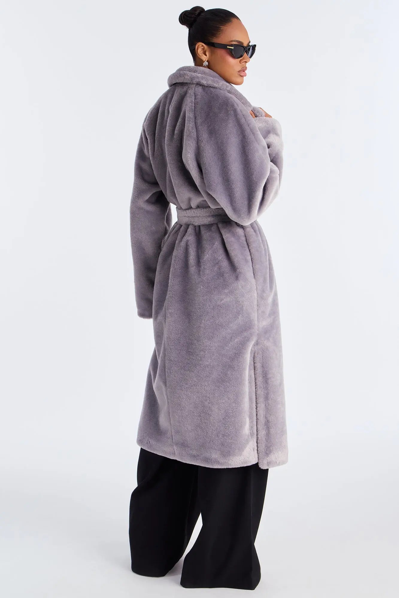 Natasha Belted Faux Fur Long Coat - Grey 