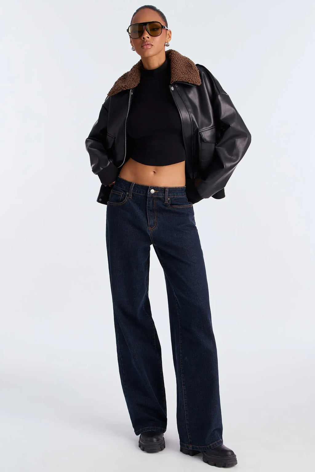 Jess Faux Leather Bomber Jacket - Black/Brown 