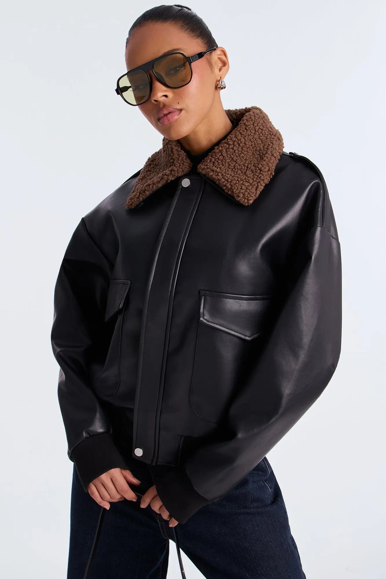 Jess Faux Leather Bomber Jacket - Black/Brown 