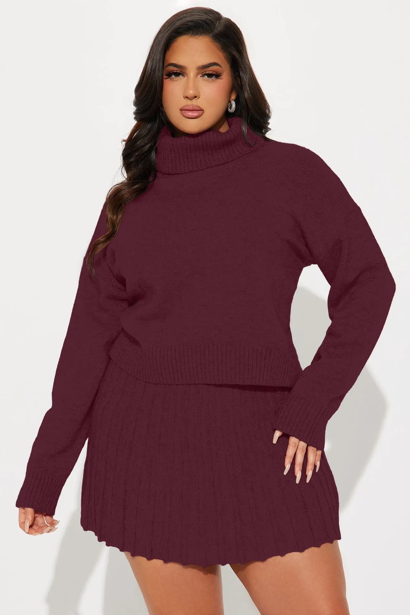 First Look Pleated Sweater Skirt Set - Burgundy 