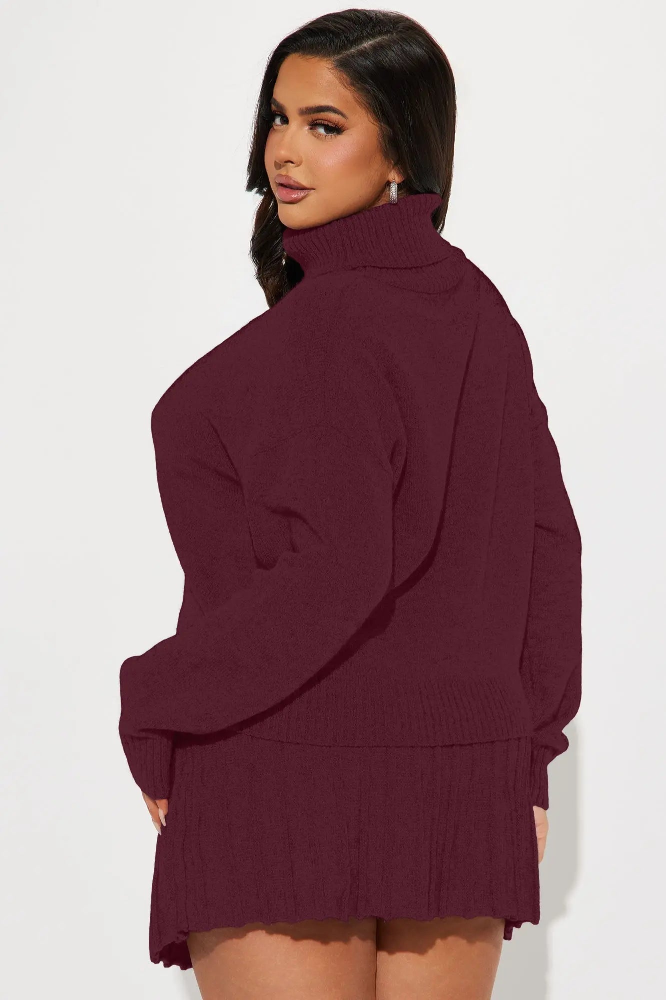 First Look Pleated Sweater Skirt Set - Burgundy 