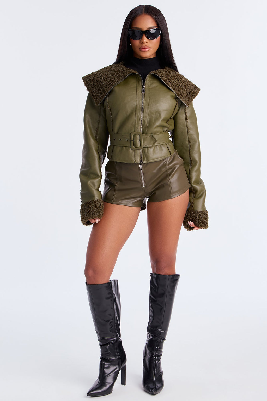 Paloma Faux Leather Sherpa Lined Coat - Olive 