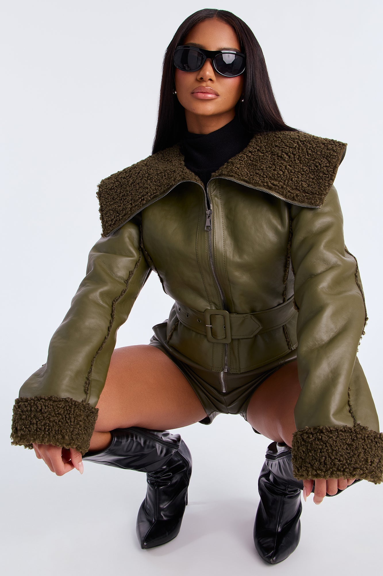 Paloma Faux Leather Sherpa Lined Coat - Olive 