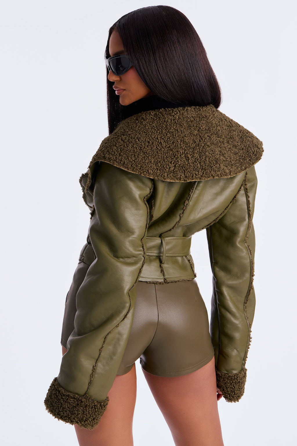 Paloma Faux Leather Sherpa Lined Coat - Olive 