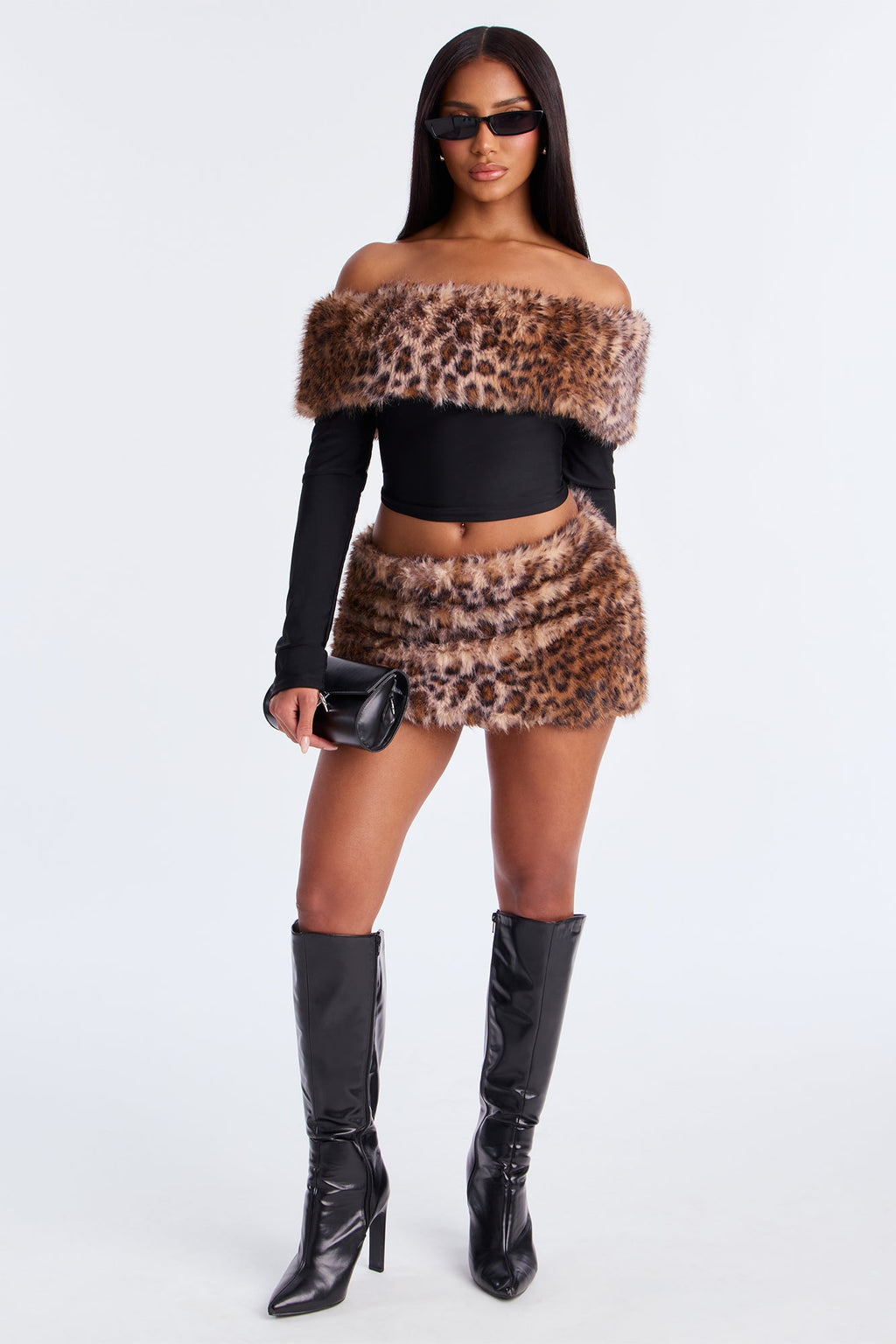 Body Language Leopard Faux Fur Mini Skirt Set - Black 