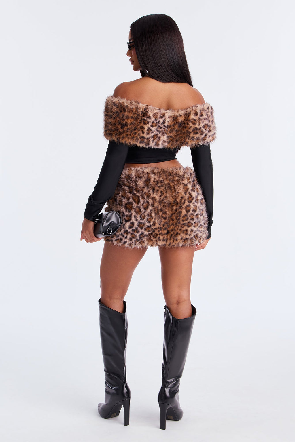 Body Language Leopard Faux Fur Mini Skirt Set - Black 