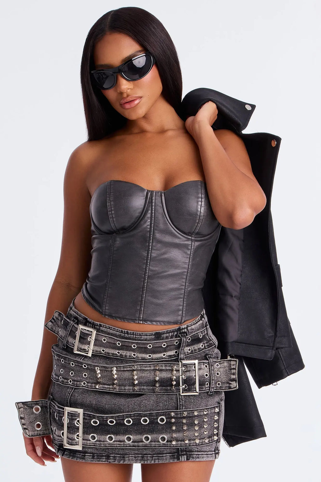 Sound The Alarm Belted Denim Micro Mini Skirt - Black Wash 