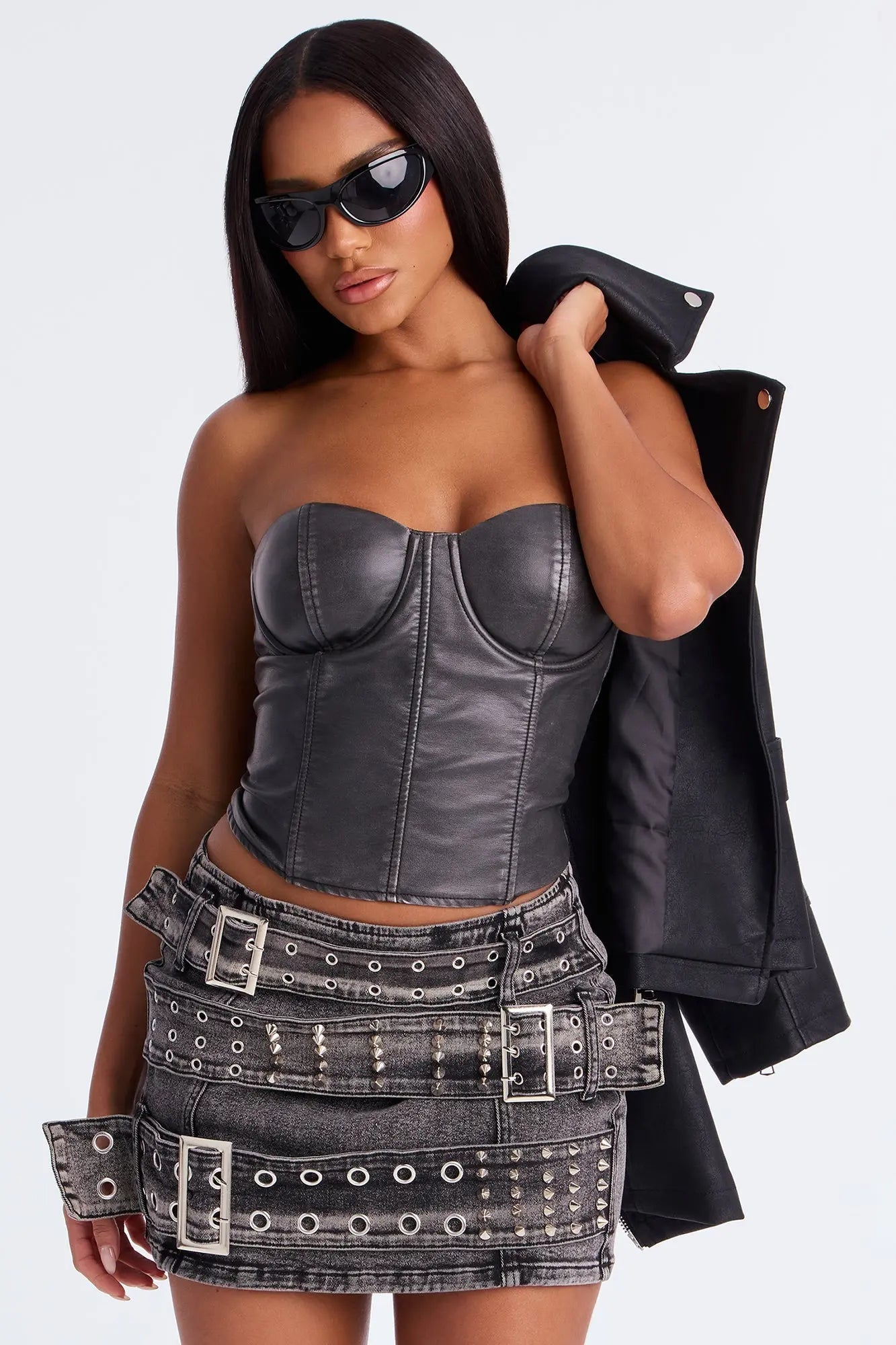 Sound The Alarm Belted Denim Micro Mini Skirt - Black Wash 