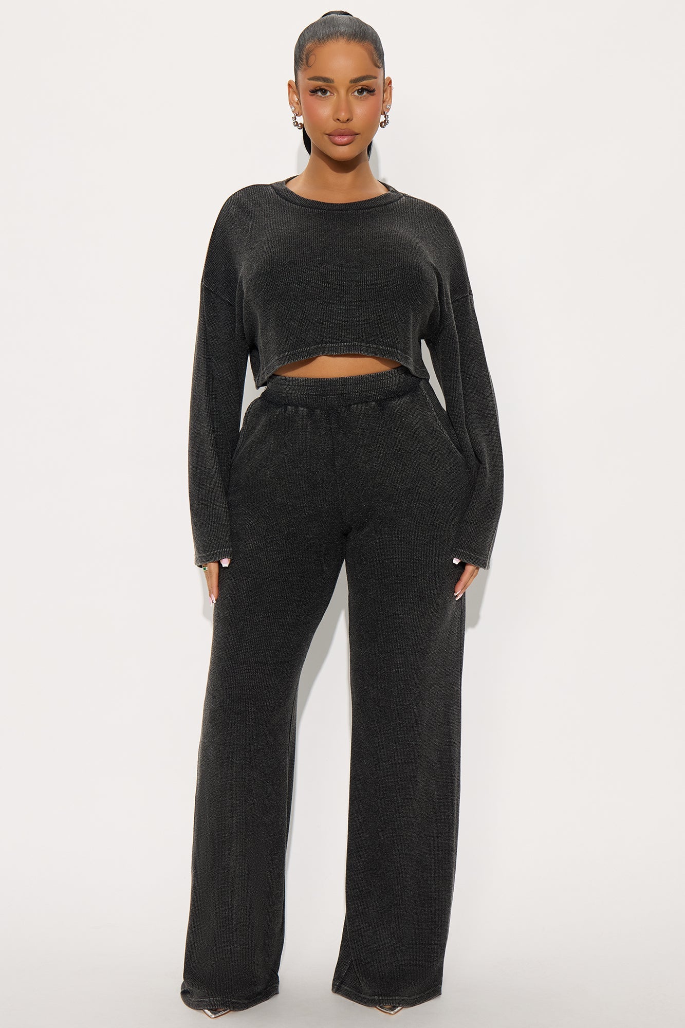 Makayla Waffle Pant Set - Charcoal
