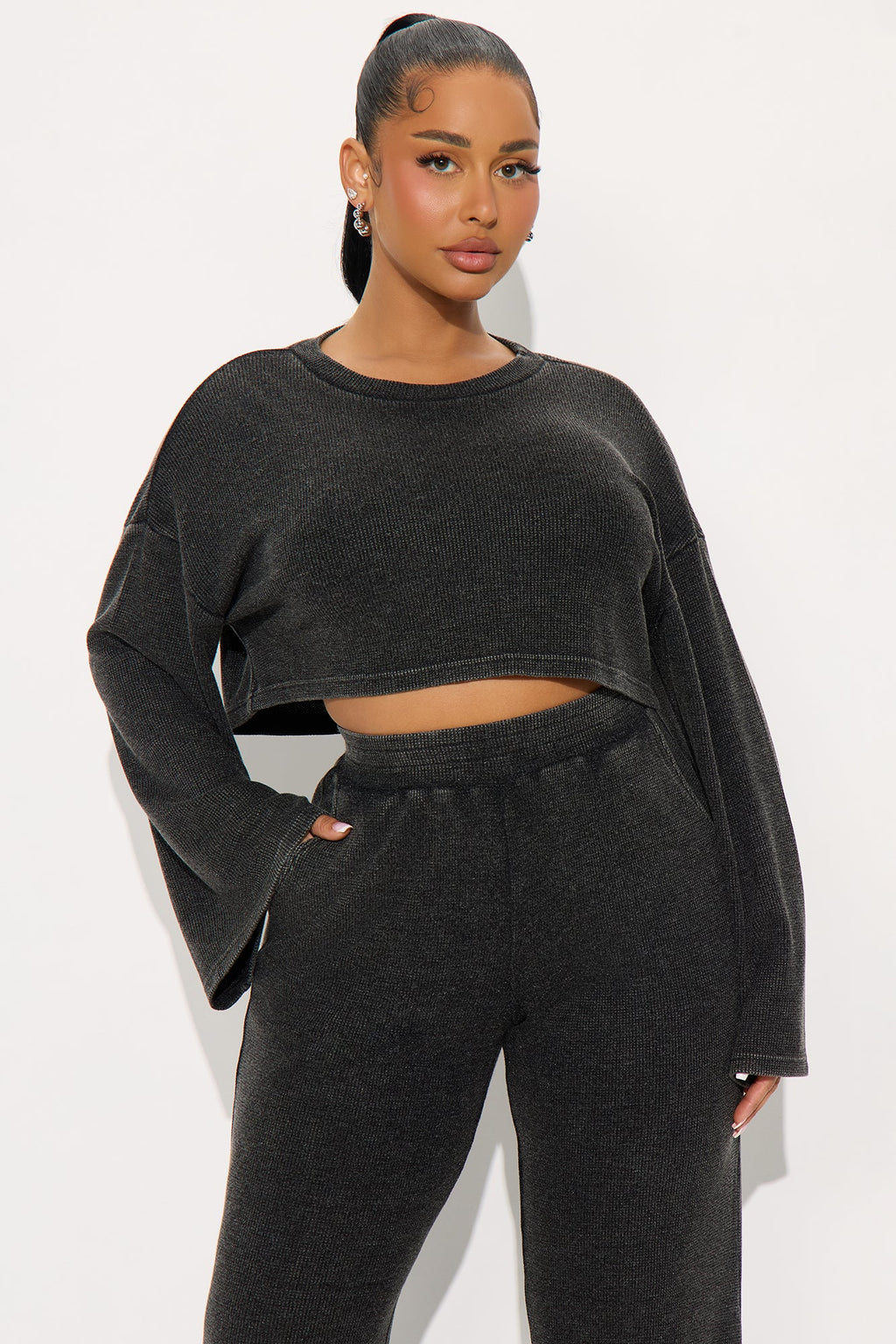 Makayla Waffle Pant Set - Charcoal