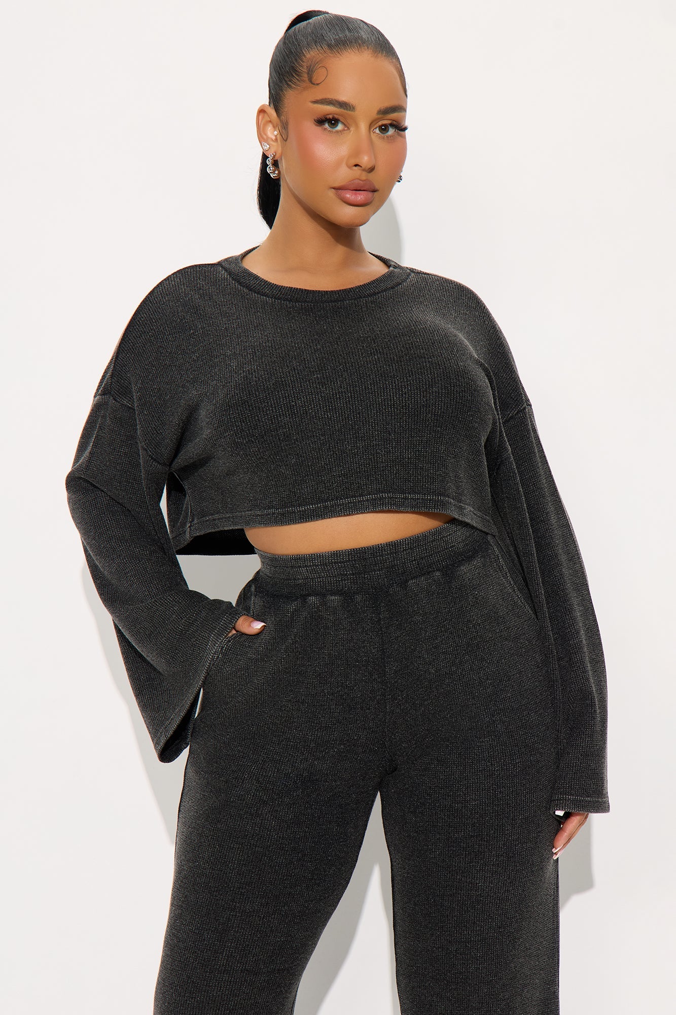 Makayla Waffle Pant Set - Charcoal