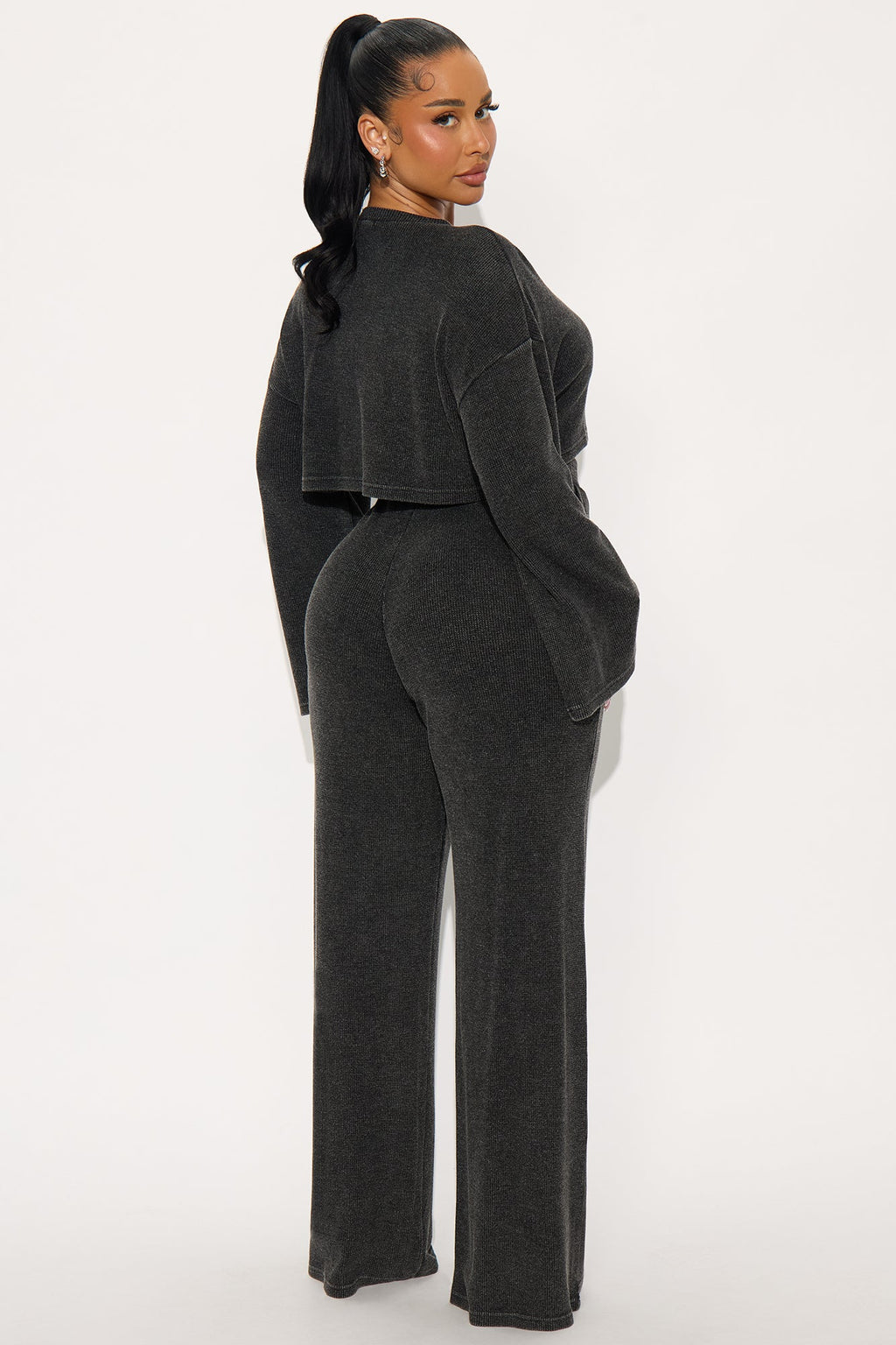 Makayla Waffle Pant Set - Charcoal