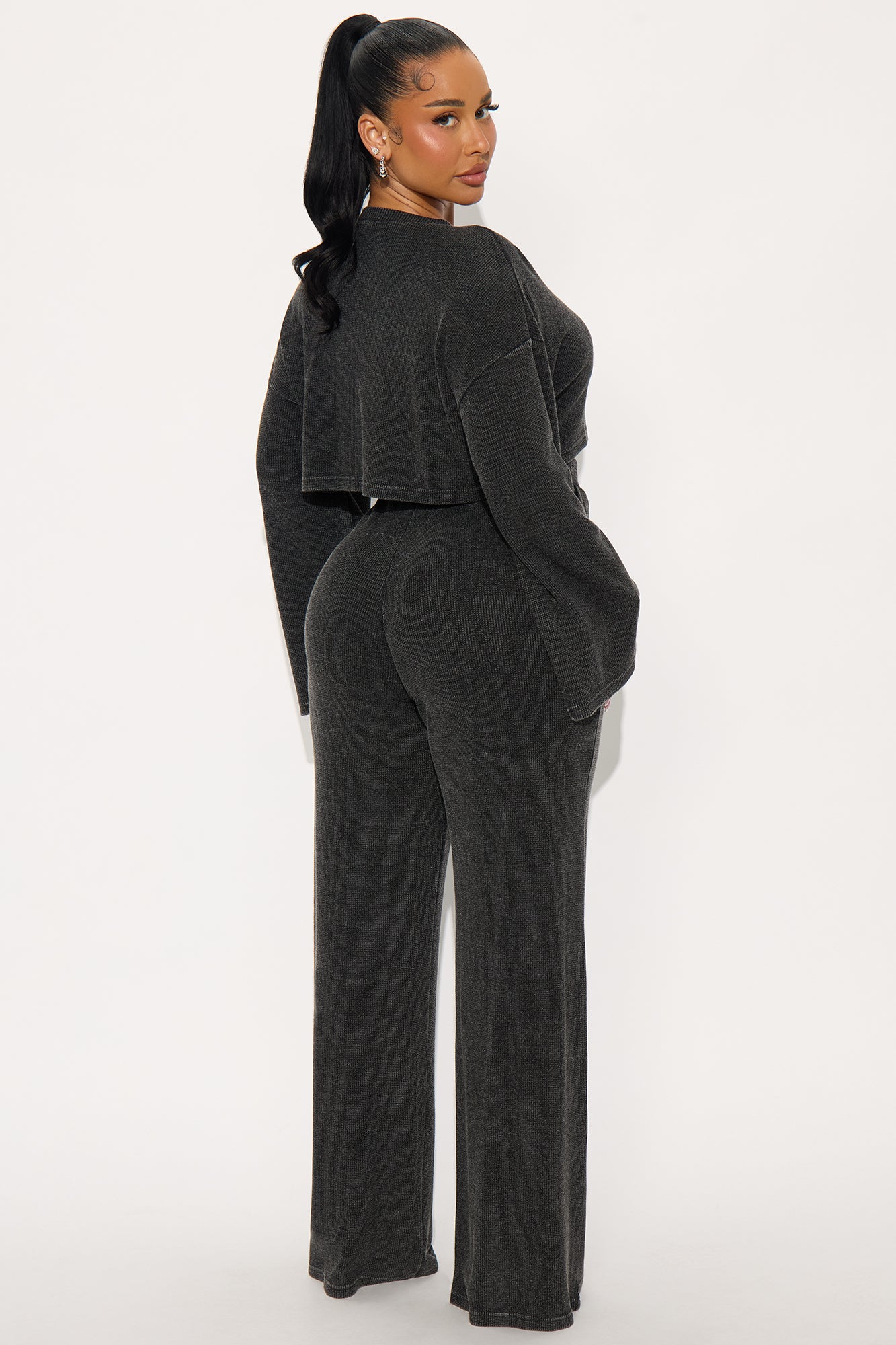Makayla Waffle Pant Set - Charcoal