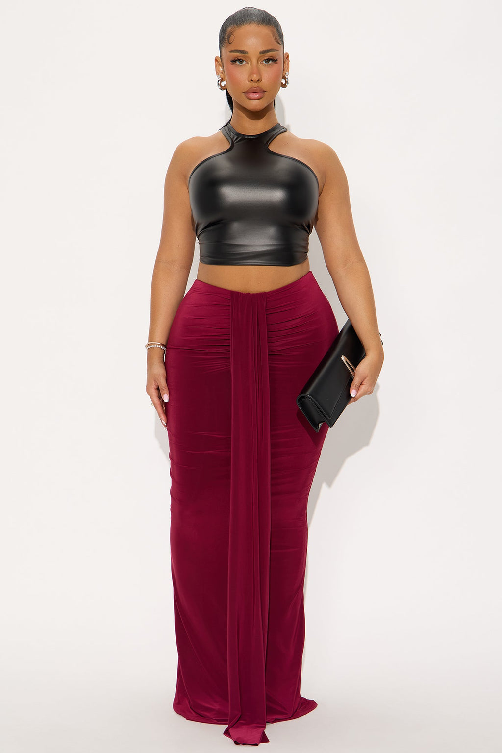 All Dressed Up Draped Maxi Skirt - Burgundy