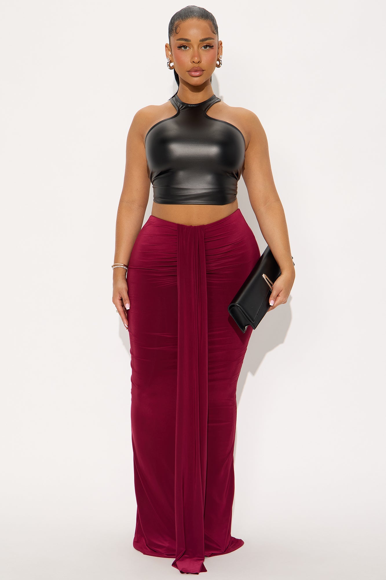 All Dressed Up Draped Maxi Skirt - Burgundy