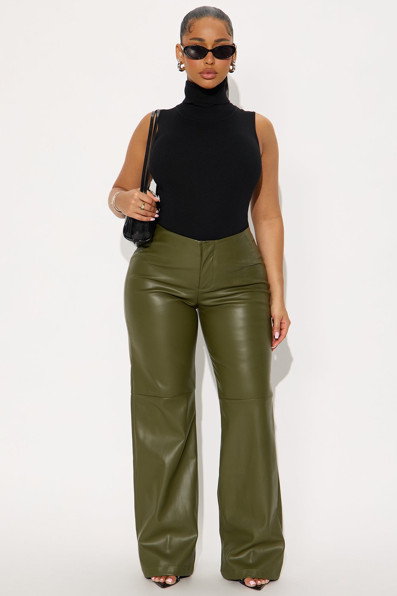 Athena Faux Leather Wide Leg Pant 33″ - Olive 