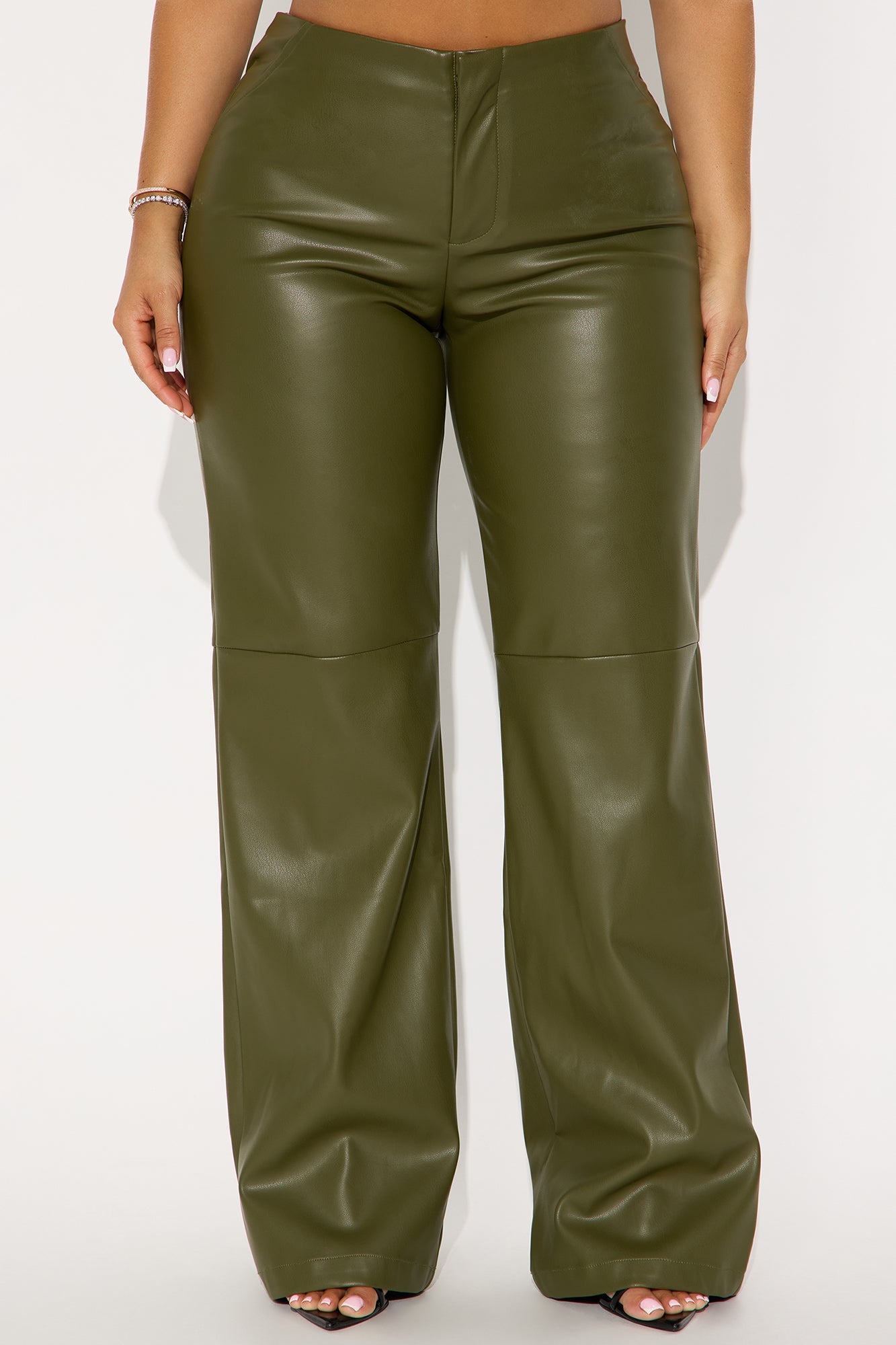 Athena Faux Leather Wide Leg Pant 33″ - Olive 