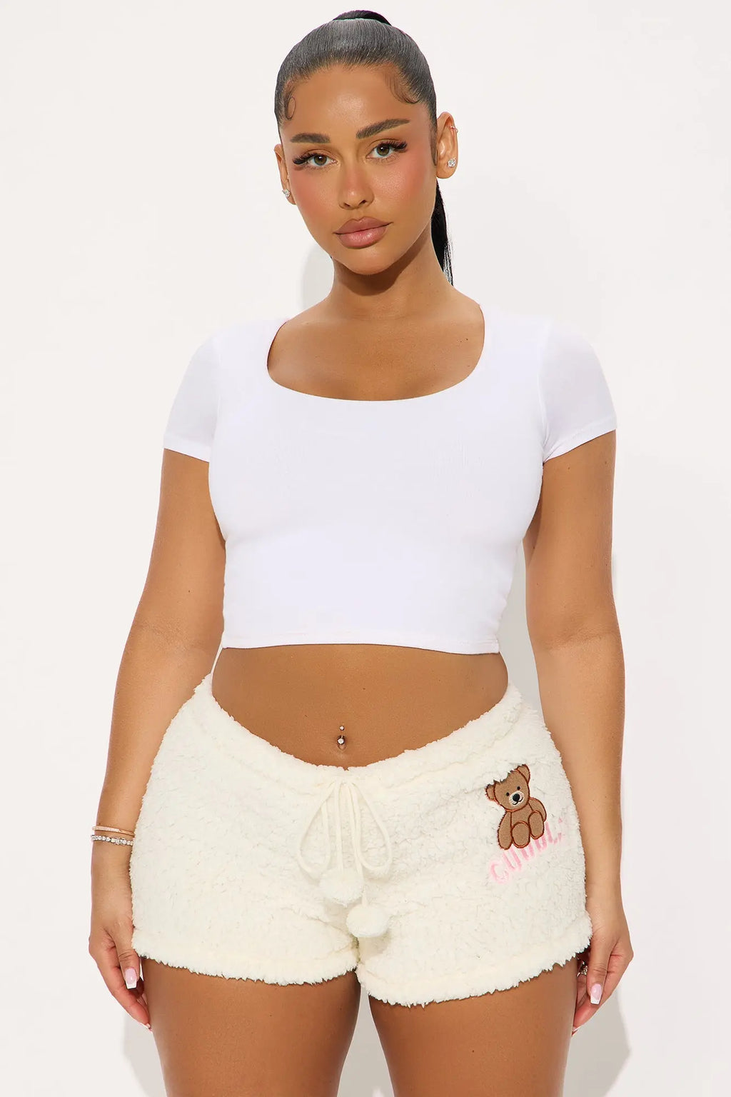 Cuddle With Me Embroidered Sherpa PJ Shorts - White 