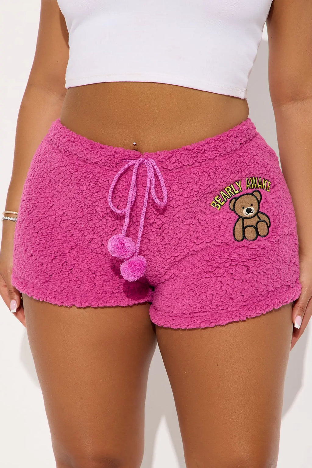 Bearly Awake Embroidered Sherpa PJ Shorts - Pink 
