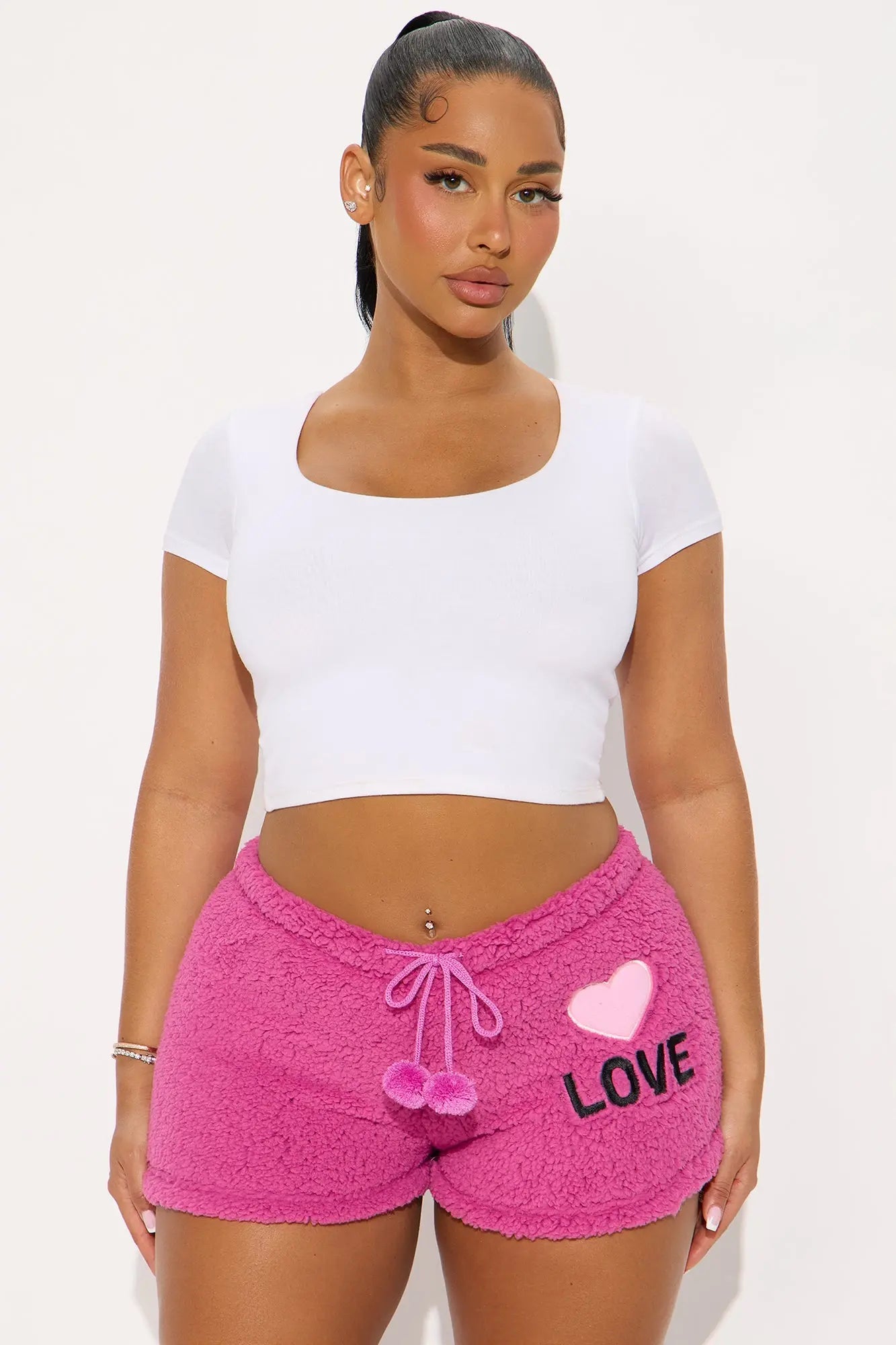 Fall In Love Embroidered Sherpa PJ Shorts - Fuchsia 