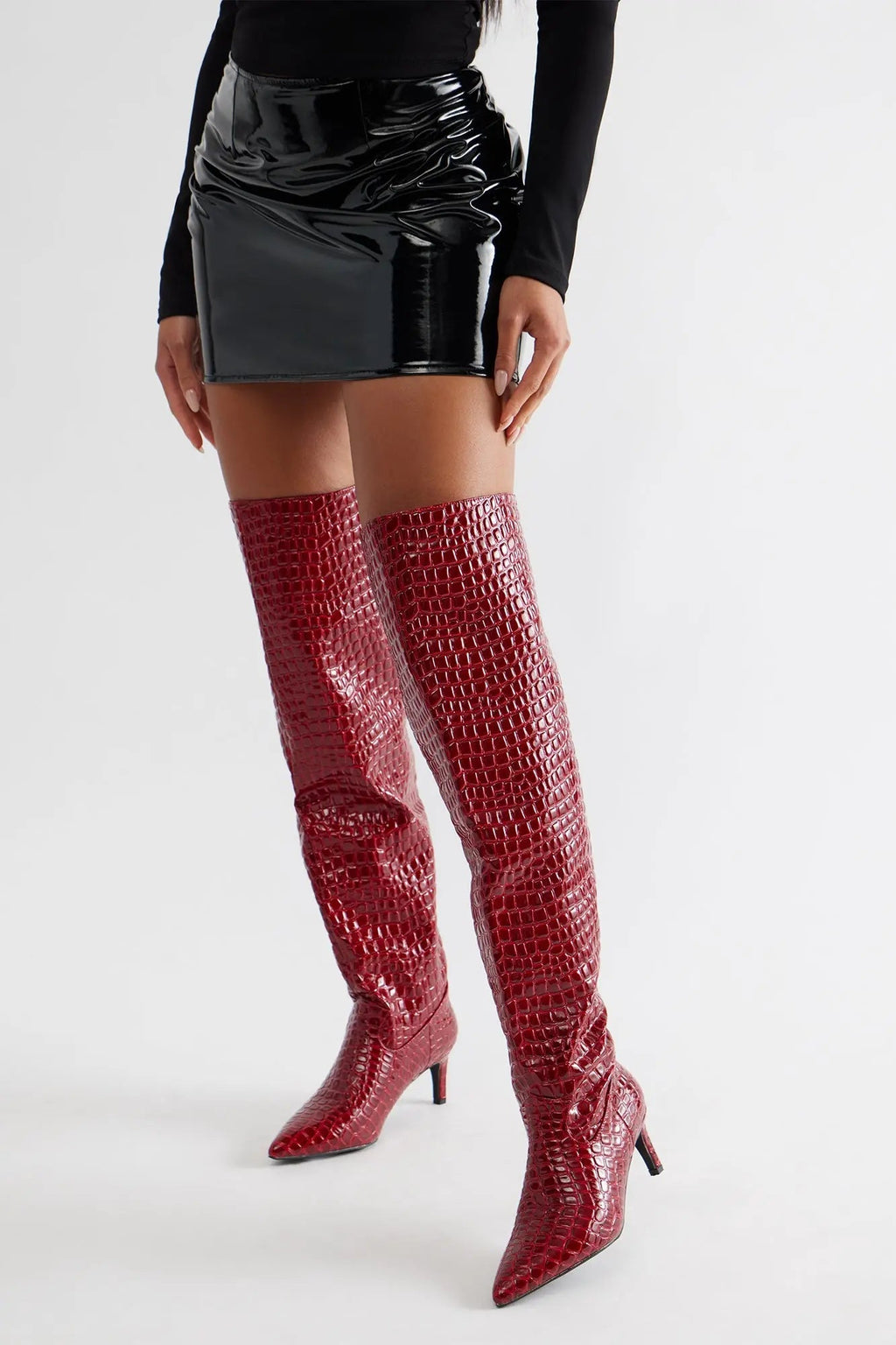 Snappy Croc Thigh High Boots - Burgundy 