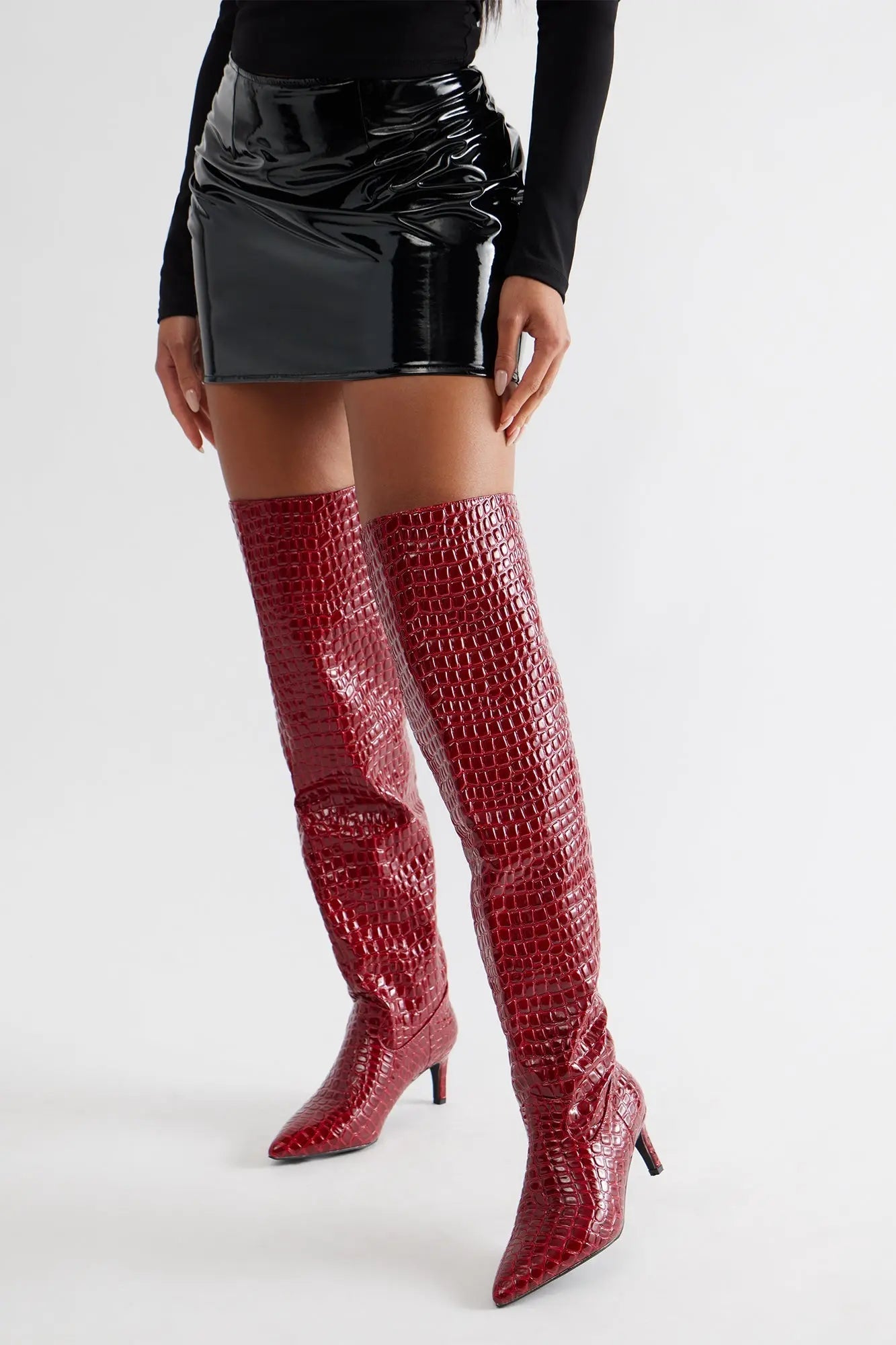 Snappy Croc Thigh High Boots - Burgundy 