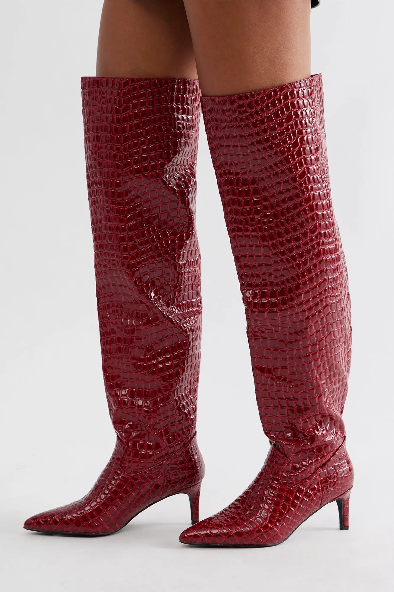 Snappy Croc Thigh High Boots - Burgundy 