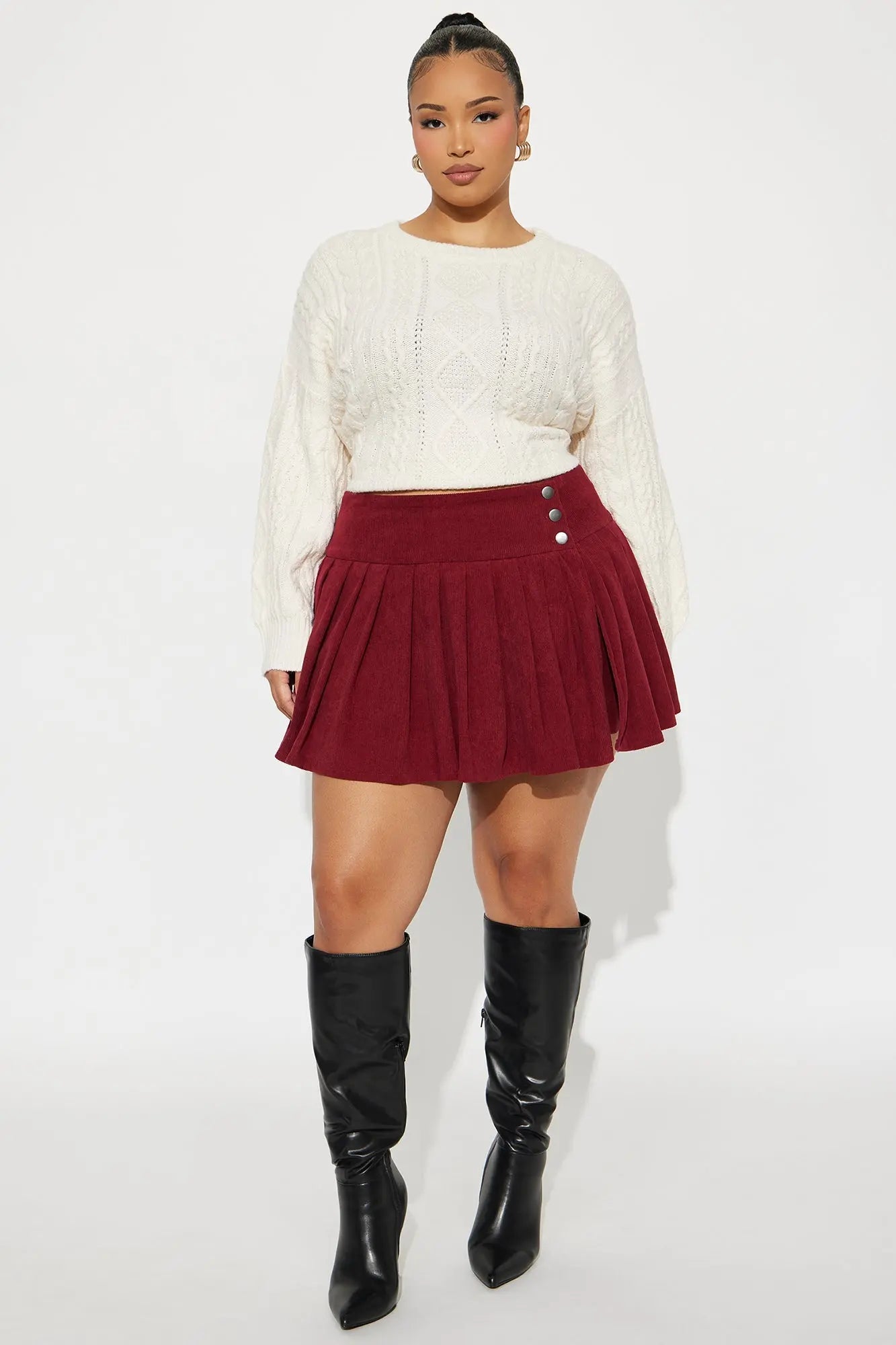 Selene Corduroy Pleated Mini Skirt - Wine 