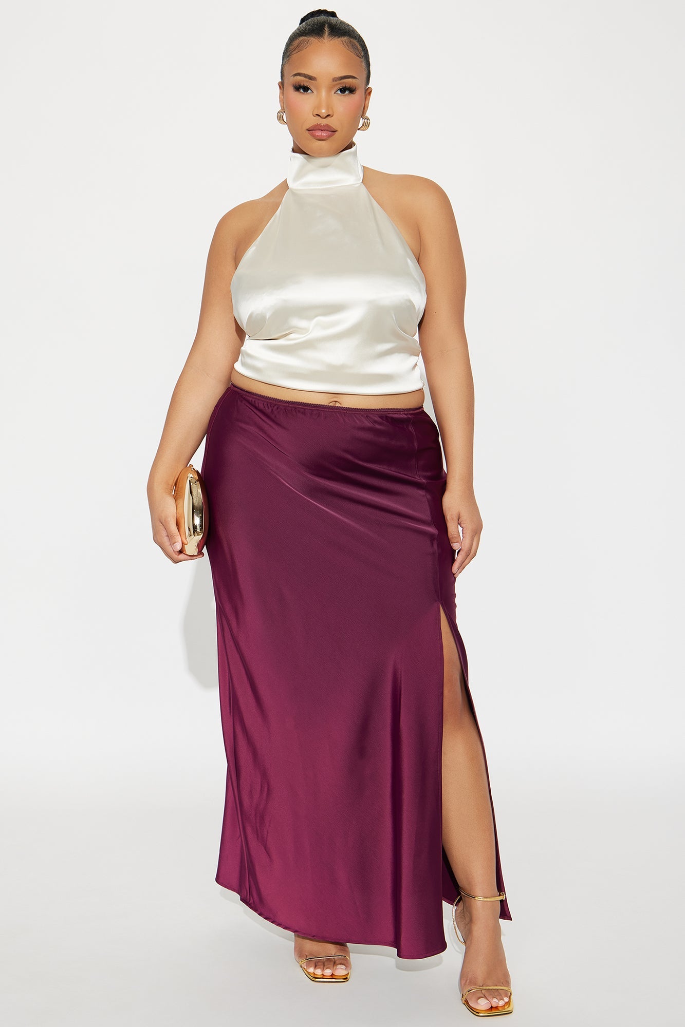 Love At Midnight Satin Front Slit Maxi Skirt - Wine 