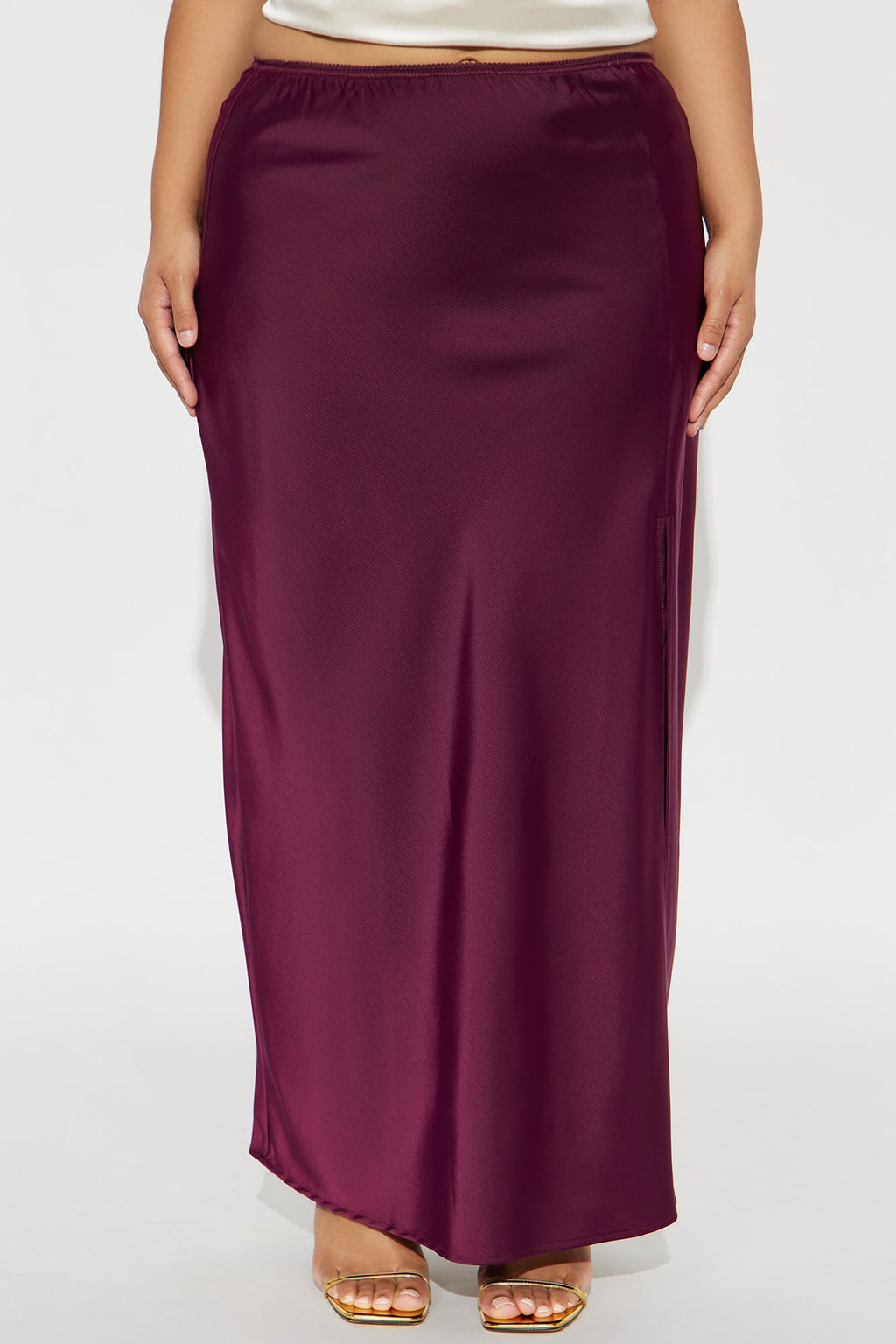 Love At Midnight Satin Front Slit Maxi Skirt - Wine 