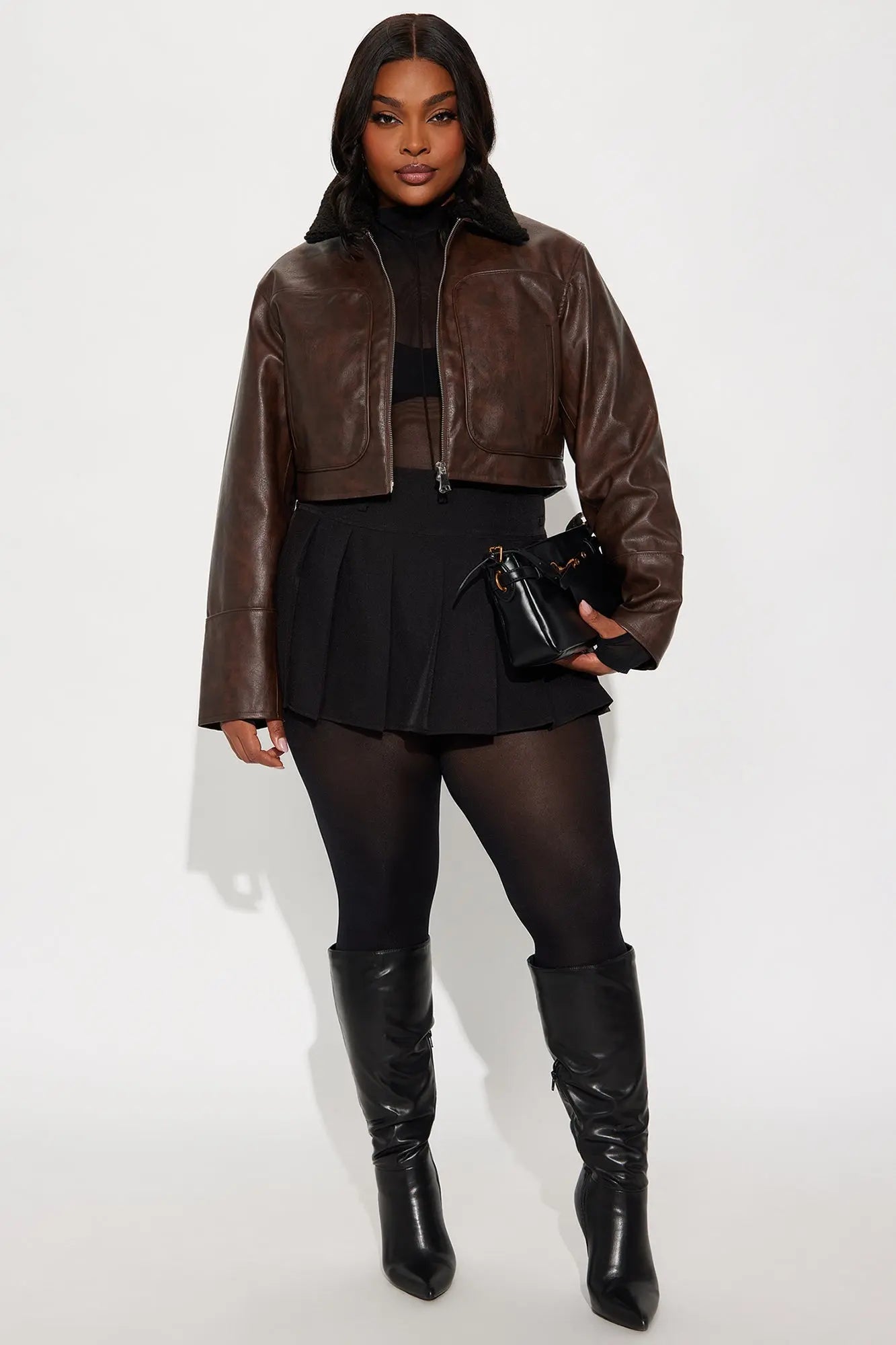 Fly High Faux Leather Cropped Jacket - Brown 