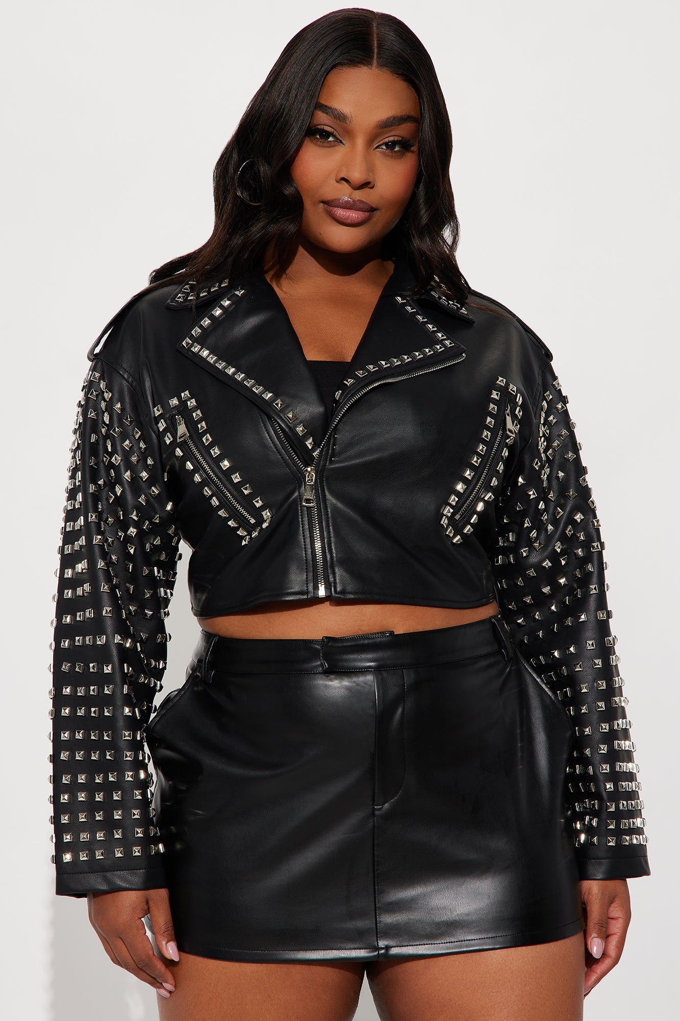 On Tour Studded Faux Leather Moto Jacket - Black 