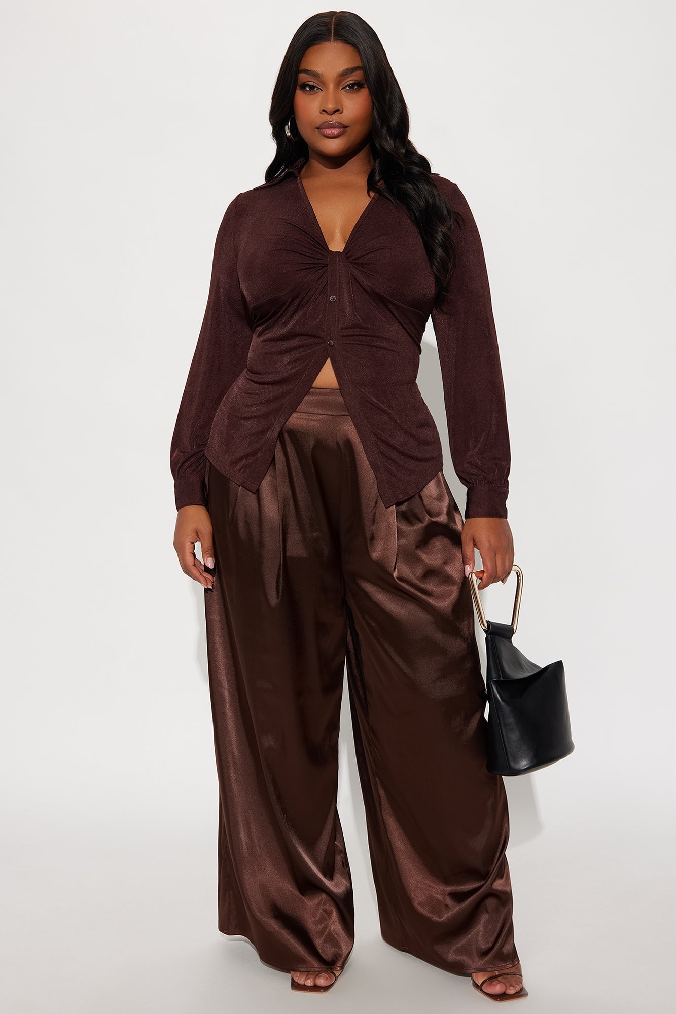 First Class Wide Leg Satin Pant 32″ - Chocolate 