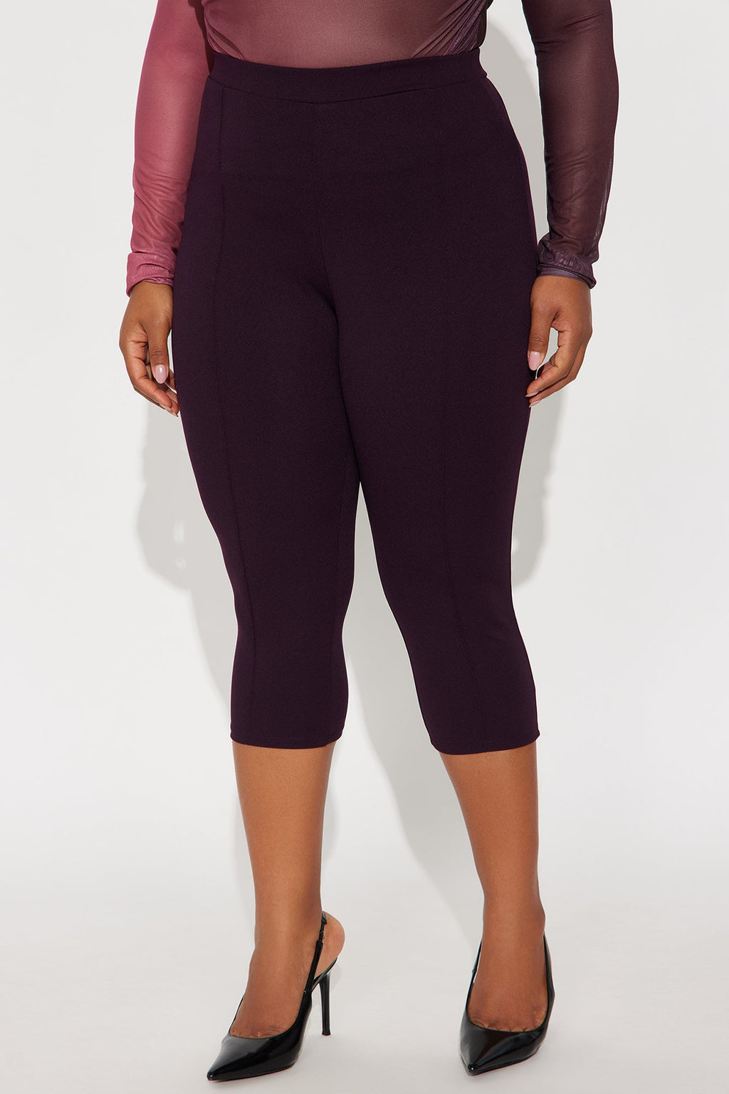 Brenda Mid Rise Knit Crepe Pintuck Capri Legging 21″ - Plum