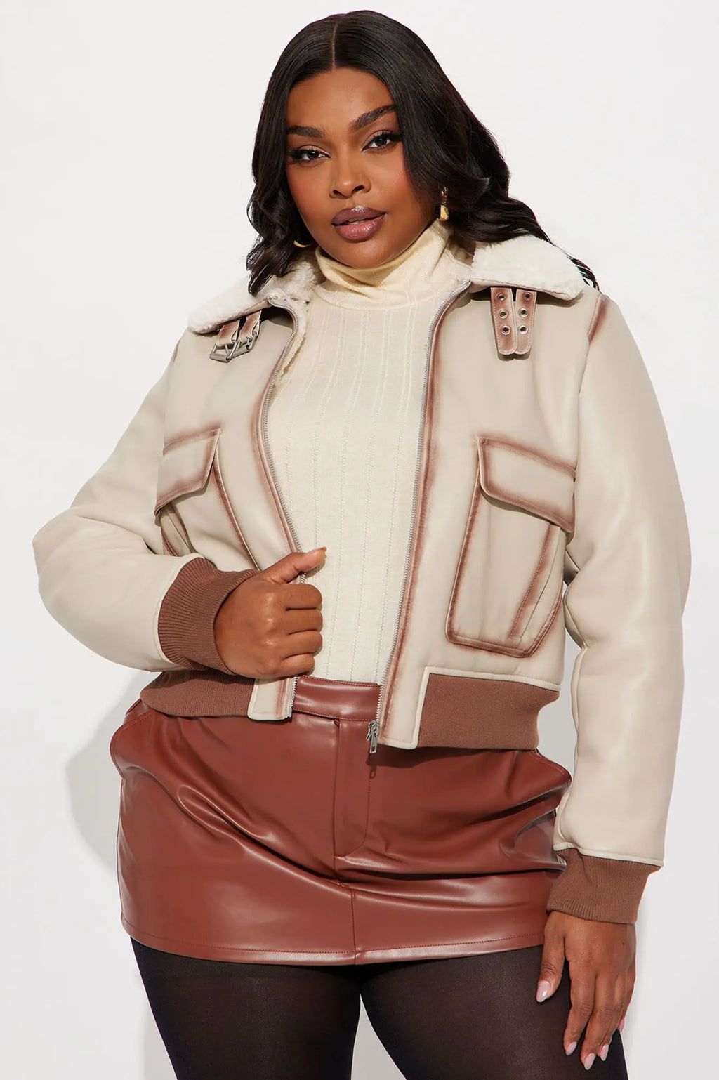 Juniper Washed Faux Leather Jacket - Beige/Brown 