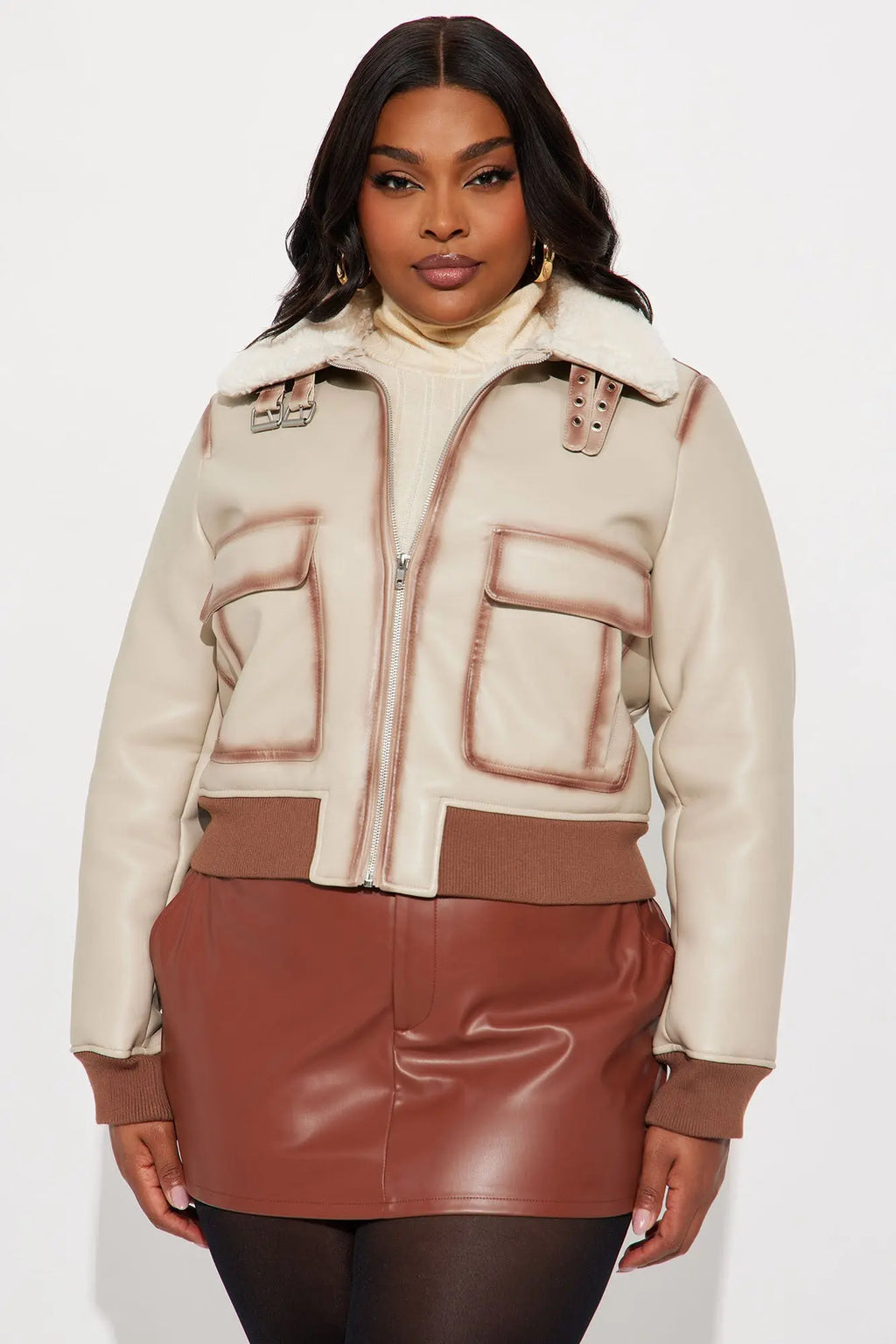 Juniper Washed Faux Leather Jacket - Beige/Brown 
