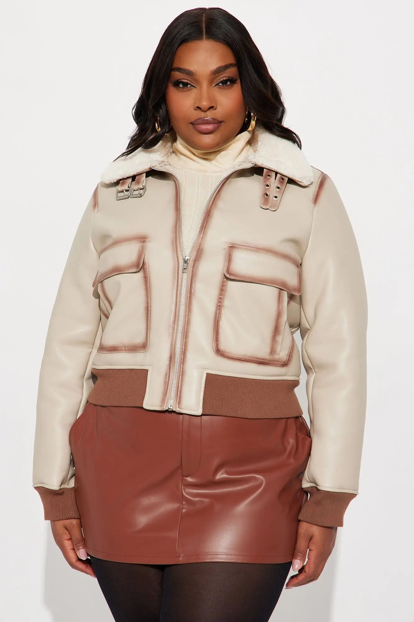 Juniper Washed Faux Leather Jacket - Beige/Brown 