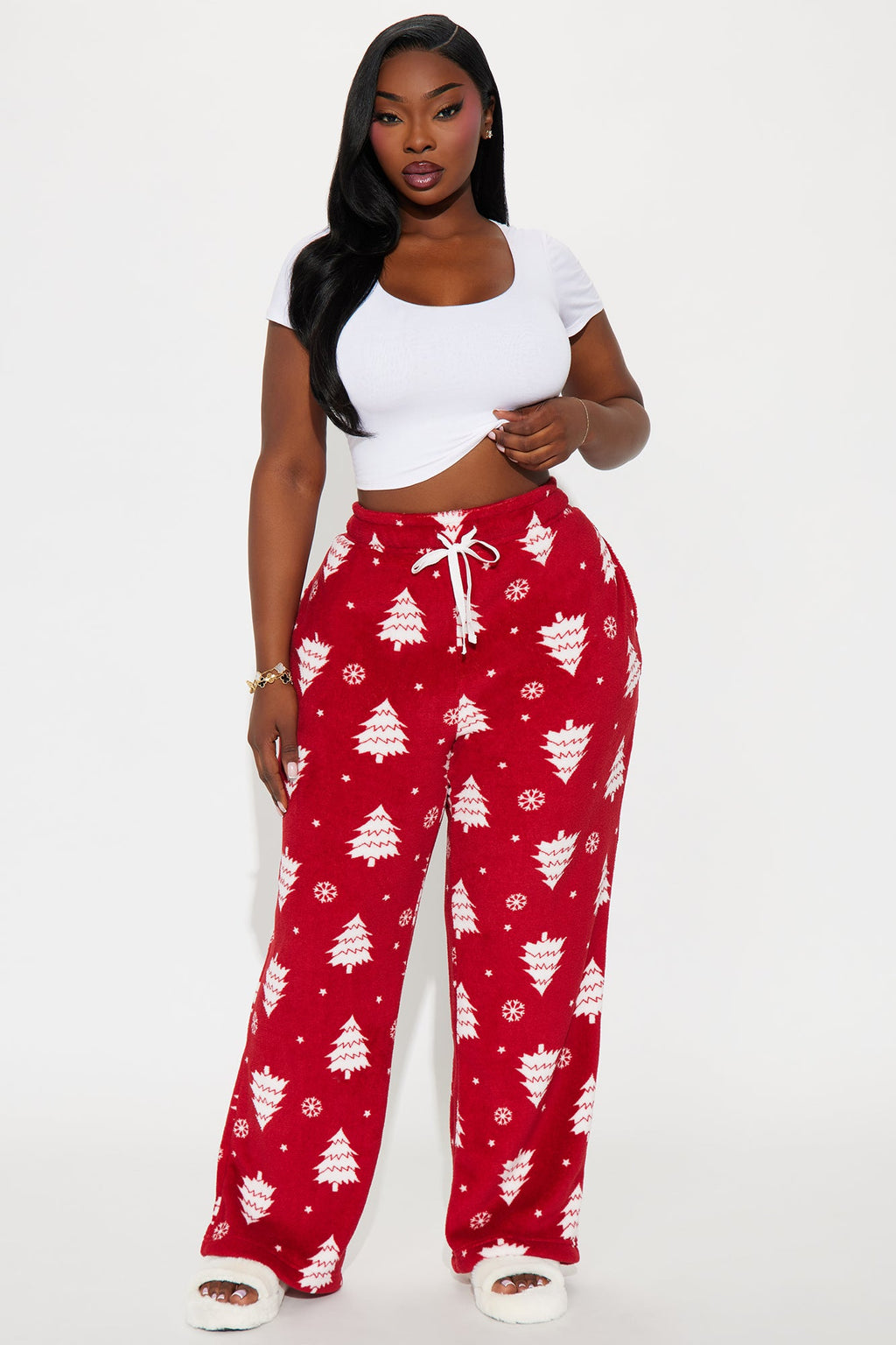 Snow Covered Trees Matching Family Plush PJ Pants - Red/White