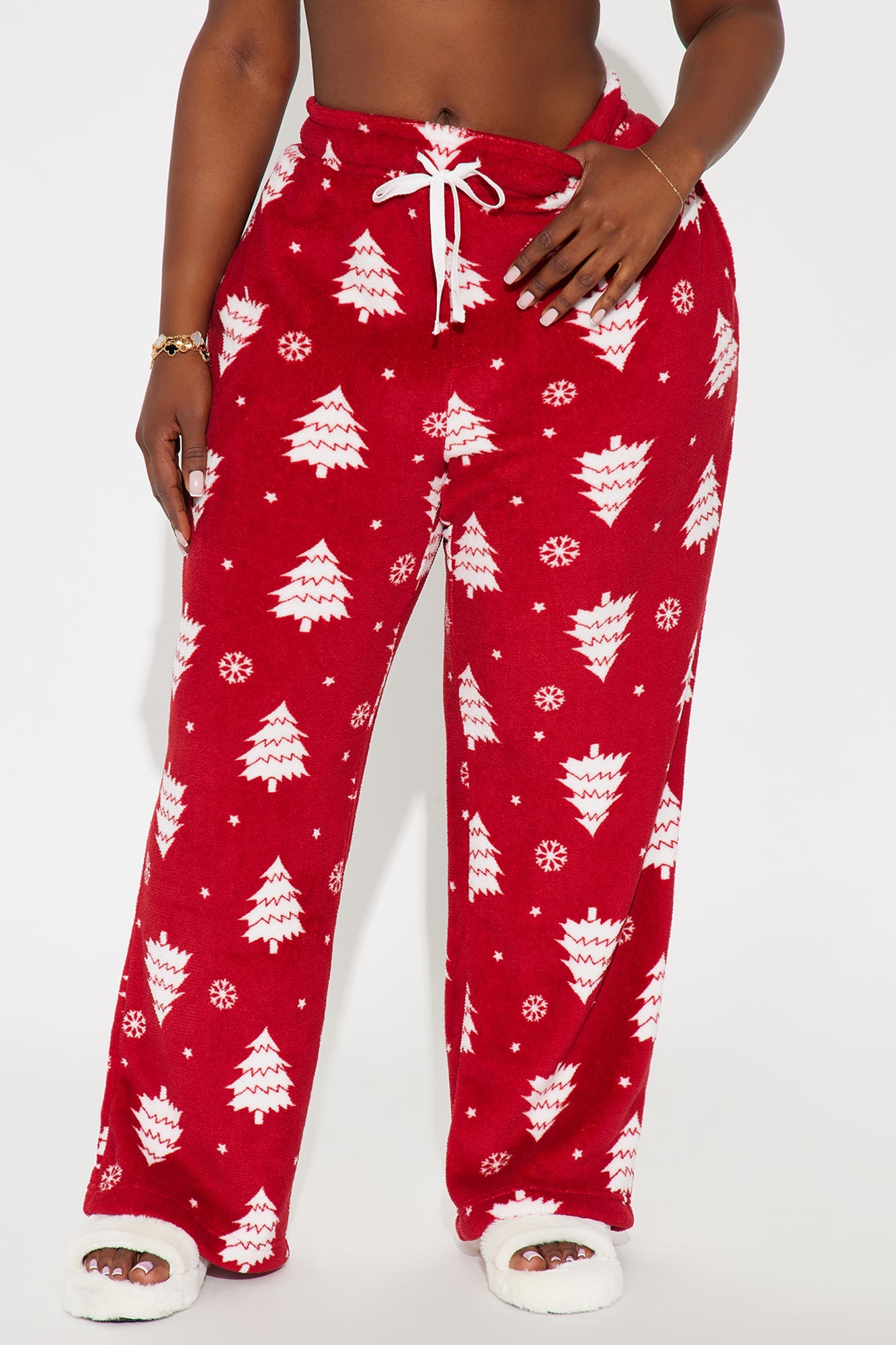 Snow Covered Trees Matching Family Plush PJ Pants - Red/White