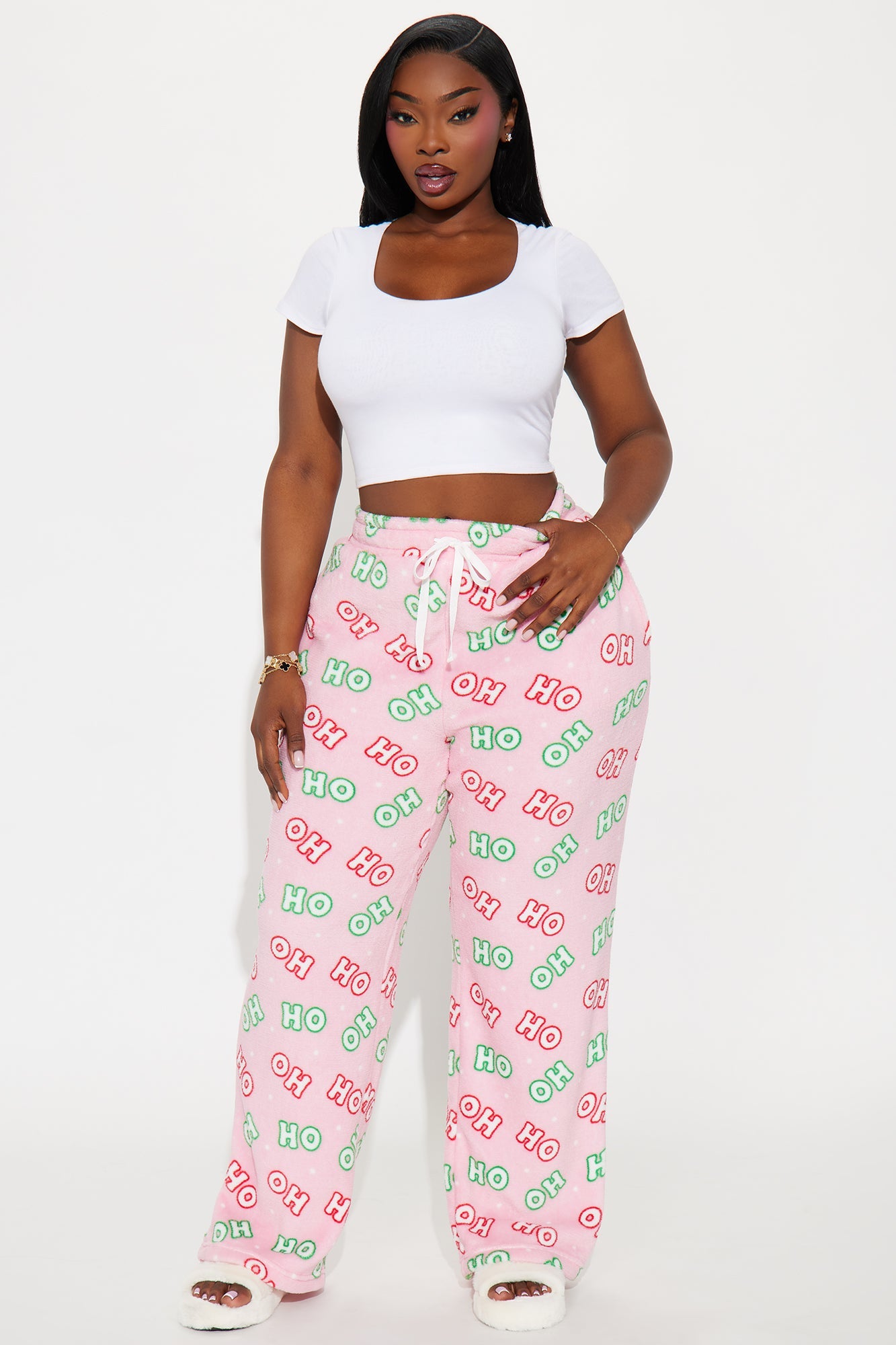 Santa HoHoHo Plush PJ Pants - Pink/combo