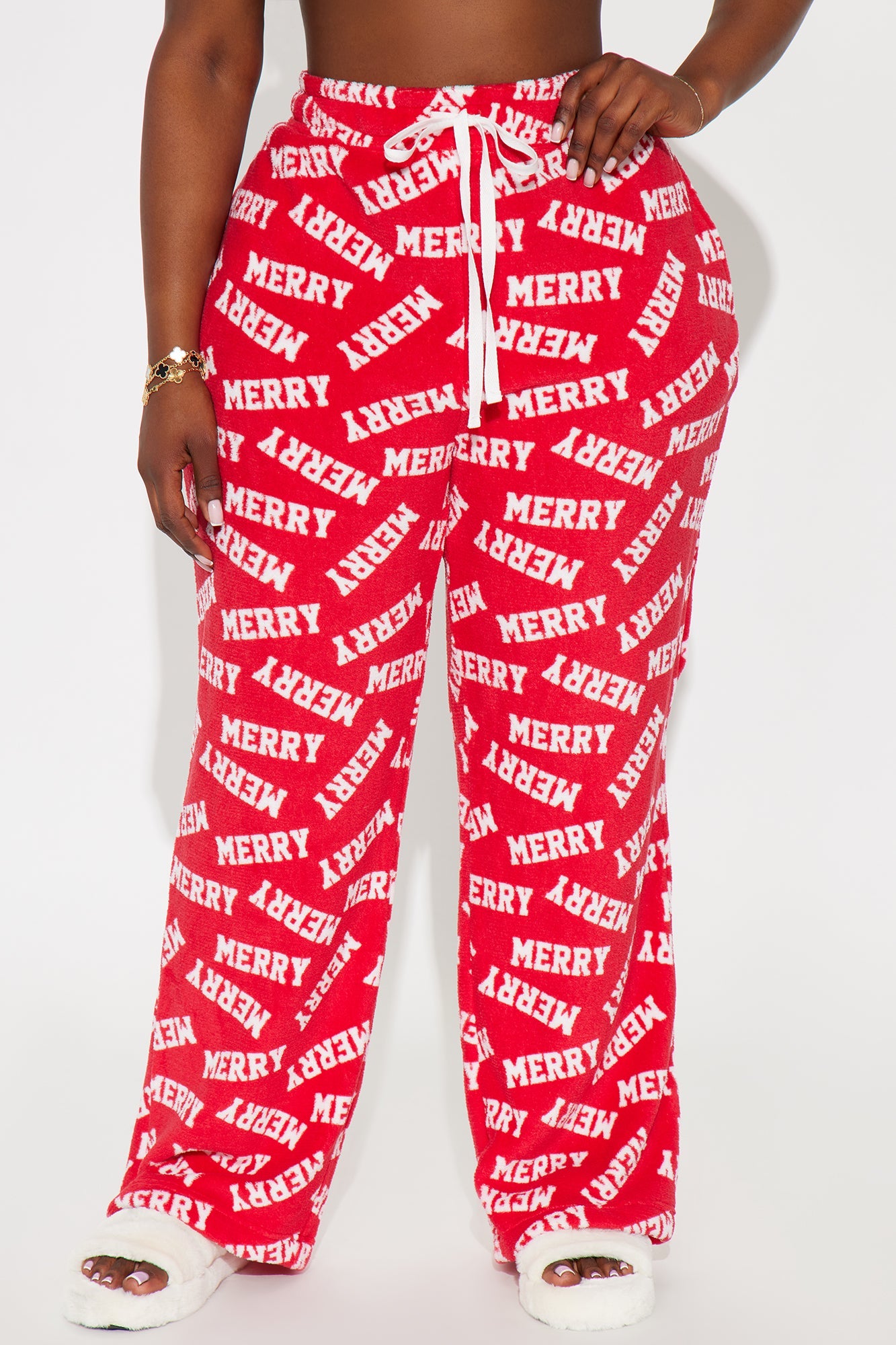 Merry Everything Matching Family Plush PJ Pants - Red/White