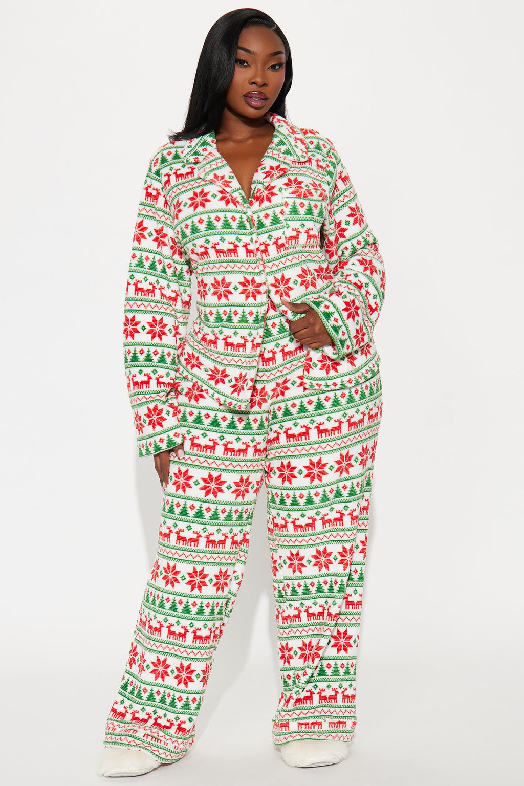 Feels Like Christmas Plush Long Sleeve PJ Pant Set - White/combo