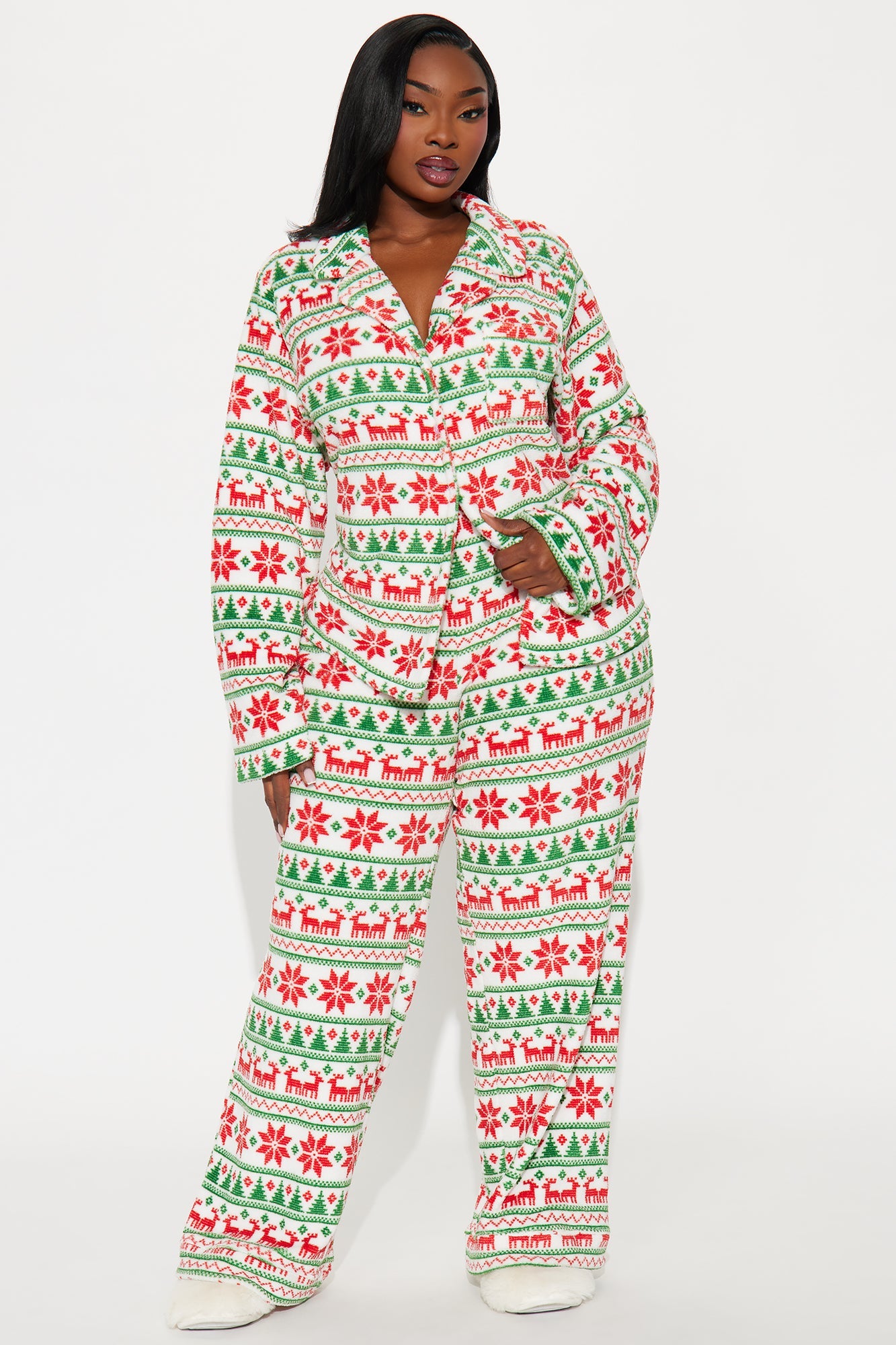 Feels Like Christmas Plush Long Sleeve PJ Pant Set - White/combo