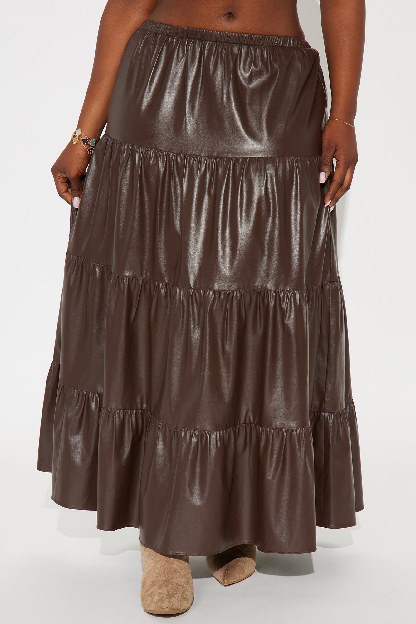 Demi Faux Leather Tiered Maxi Skirt - Chocolate 
