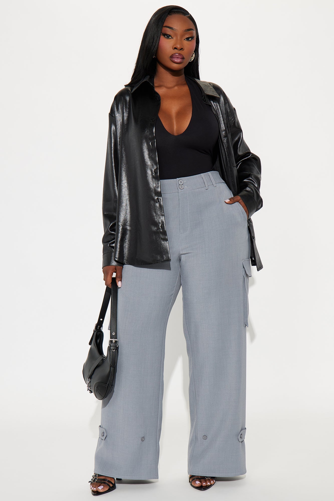 Trending Topic Wide Leg Belted Cargo Pant 32″ - Grey